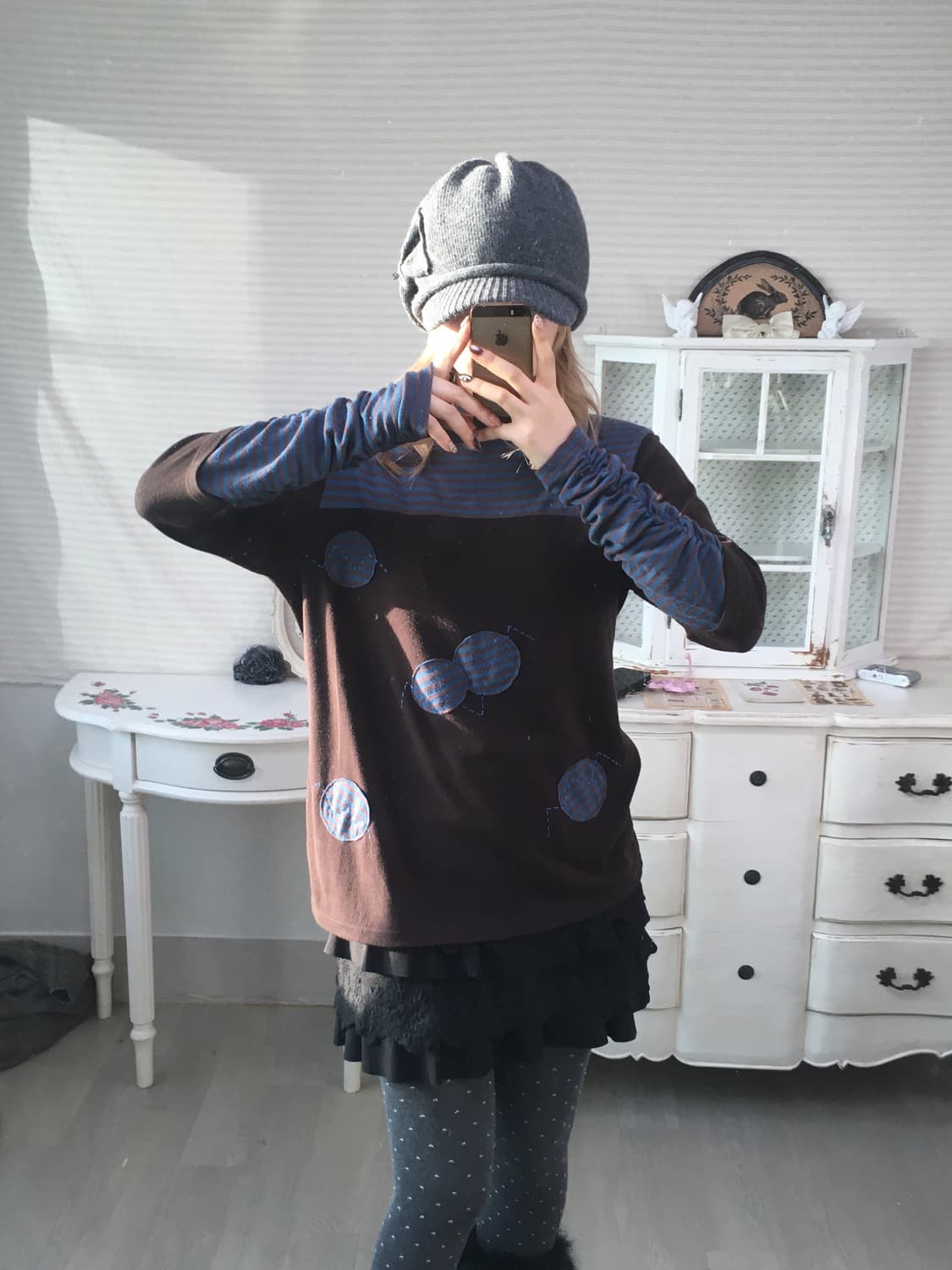 빈티지 도트 패치워크 셔링 롱슬리브 상품이미지3