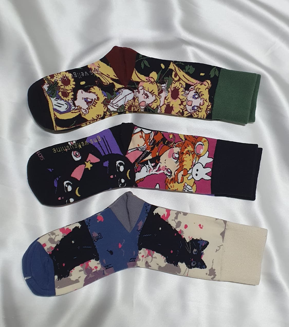 그린 크림베이지 퍼플핑크 해바라기 고양이 소녀 양말 상품이미지1