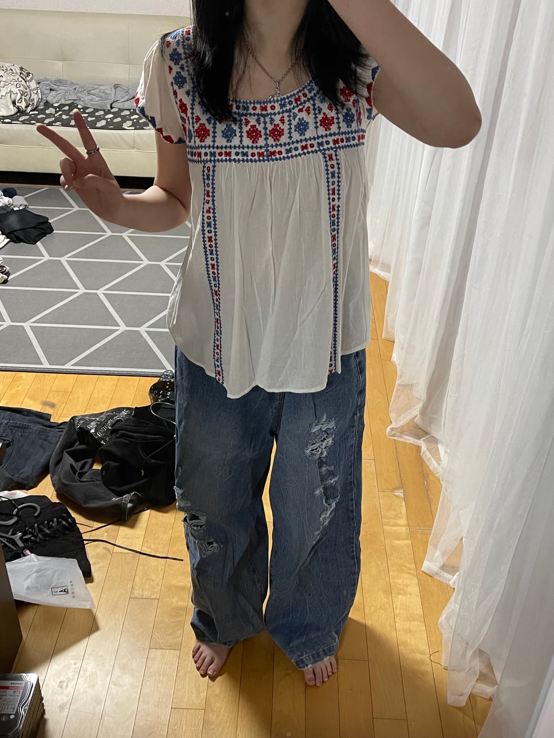 빈티지 모리 하구미 여름 청량룩 자수 반팔 청바지 세트 상품이미지2