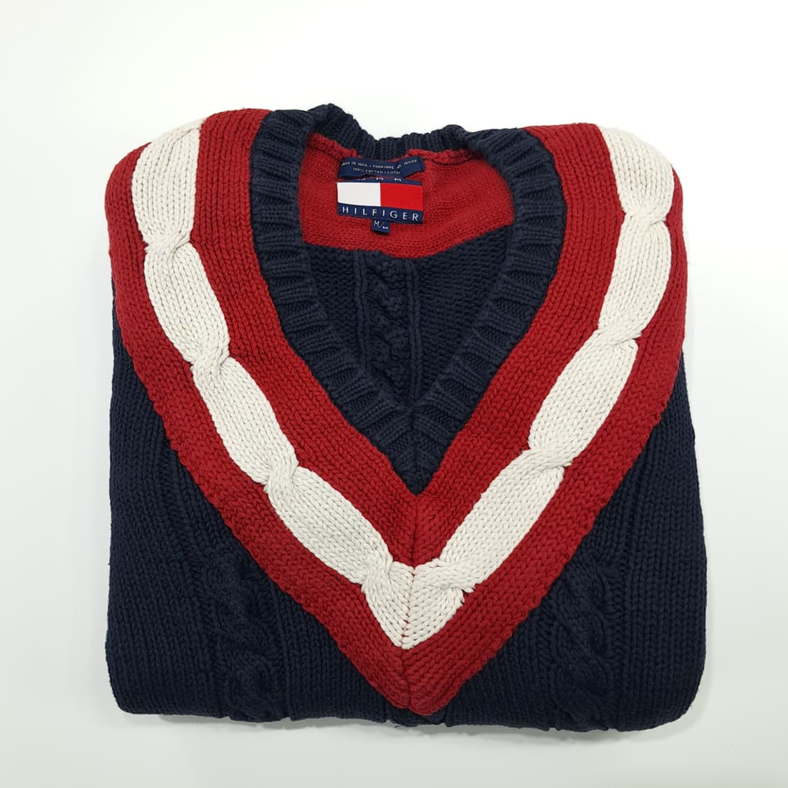 CN974 M 타미힐피거 다크네이비 크리켓 V넥 케이블 니트 스웨터 상품이미지7