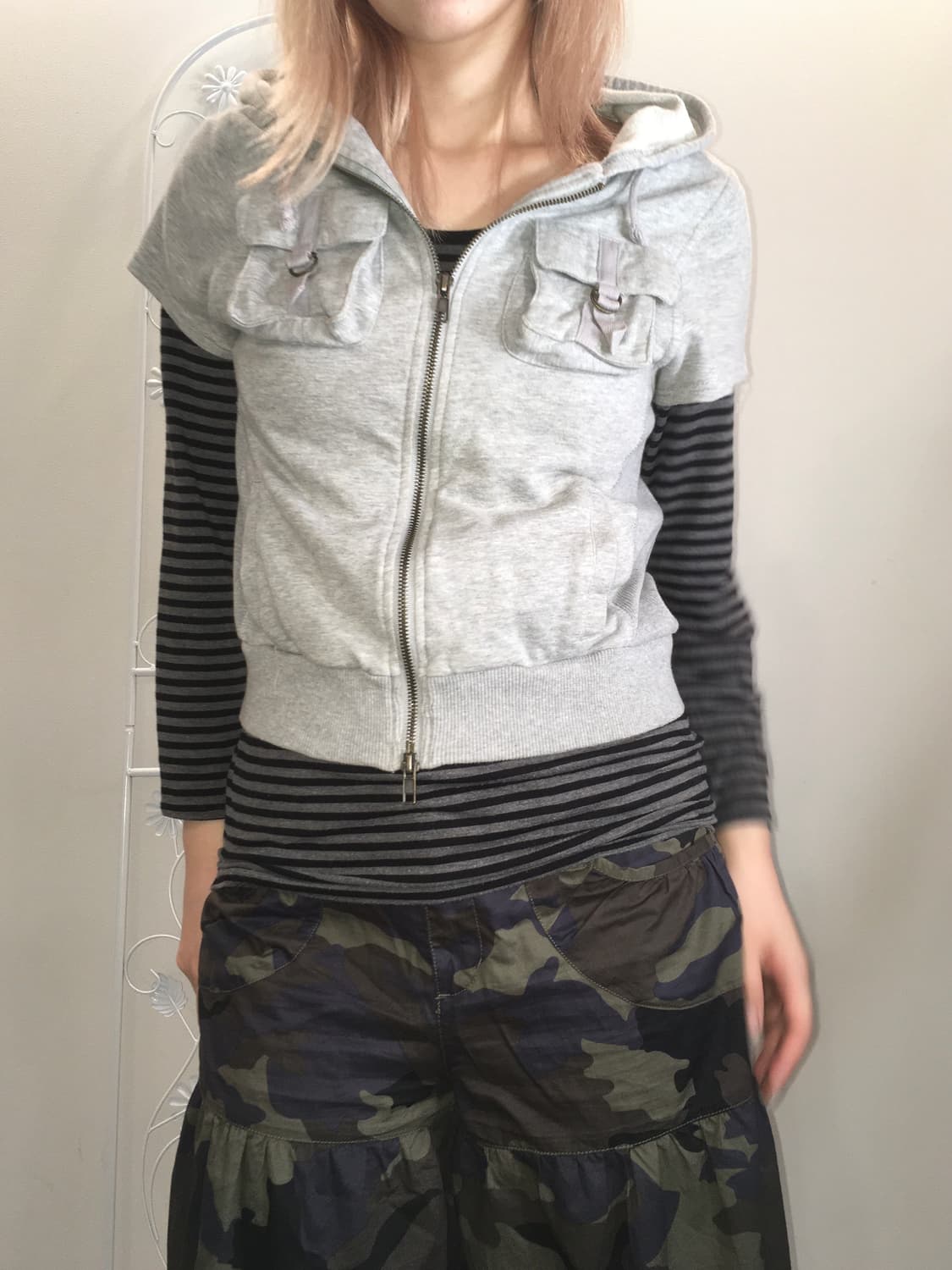 Set) y2k grey cargo hood zipup+ stripe t 상품이미지3