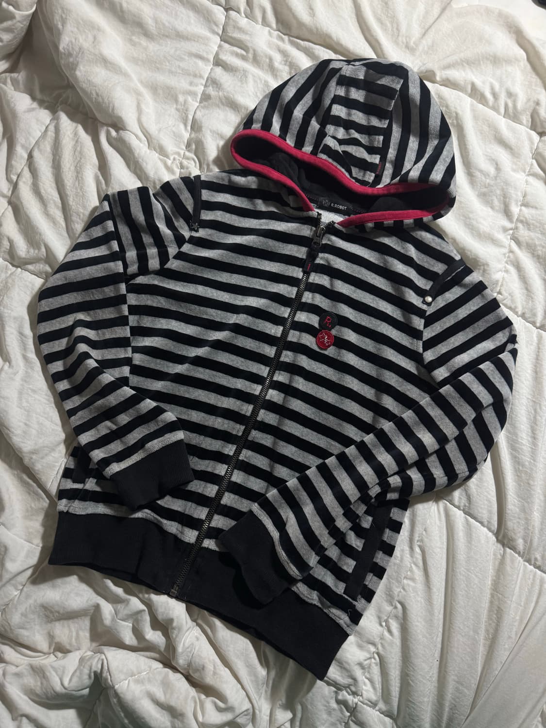 일본 빈티지 갸루 펑크 뱃지 디테일 스트라이프 슬림핏 후드집업 키치 상품이미지1