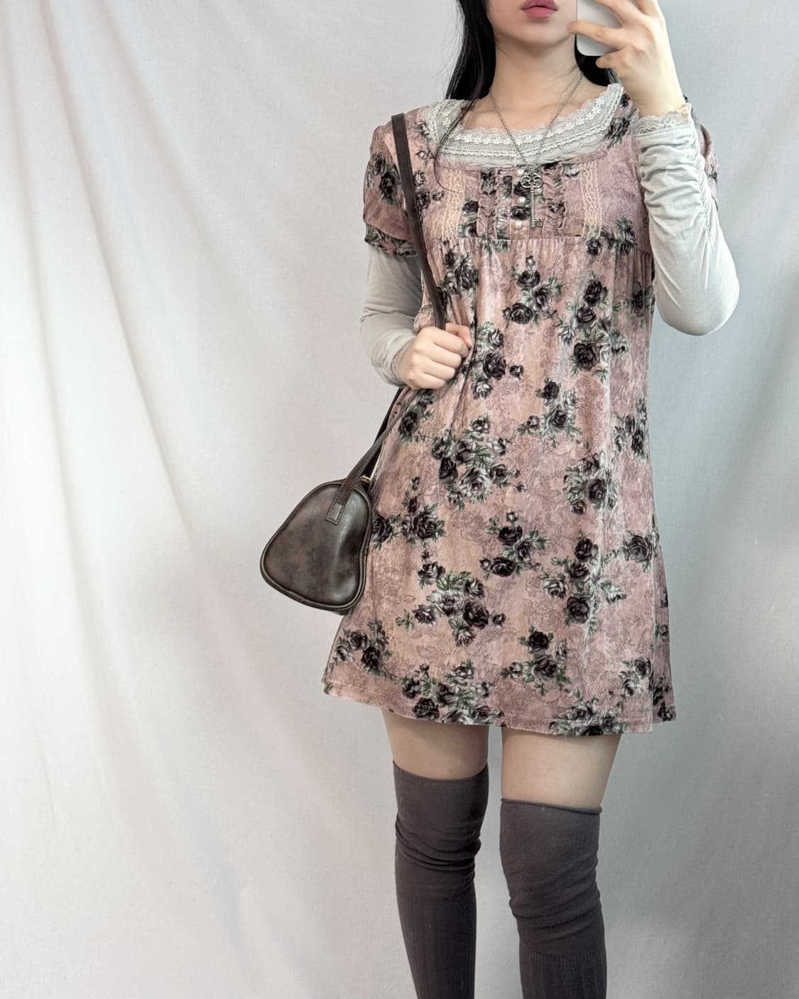 벨벳 플라워 패턴 퍼프 슬리브 원피스 상품이미지7