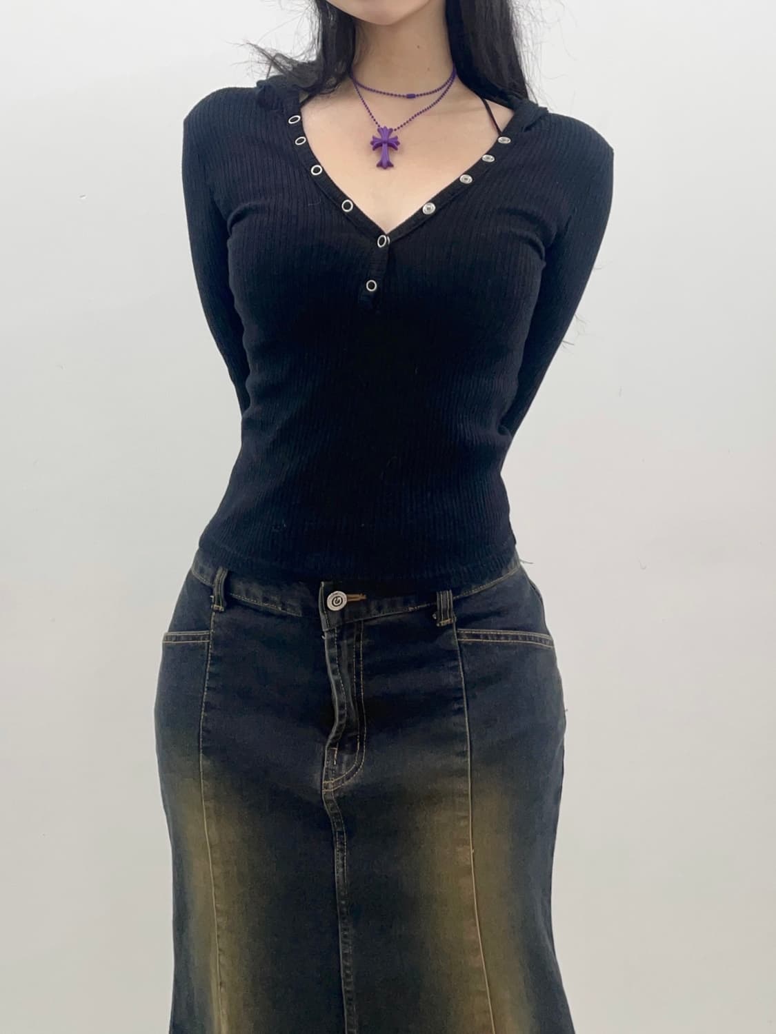 Black button hoodie Slim T 상품이미지1