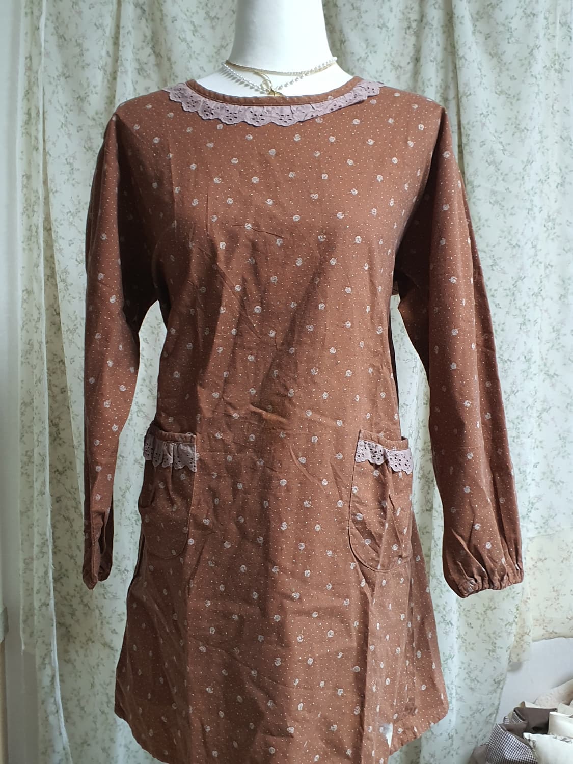 [빈티지] 브라운 잔꽃무늬 레이스 롱 원피스 앞치마 상품이미지1