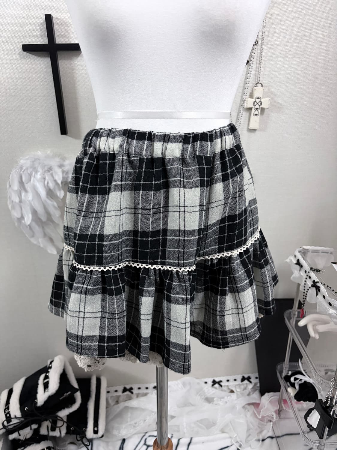 무채색 도쿄코디 체크 레이스 바지 상품이미지3