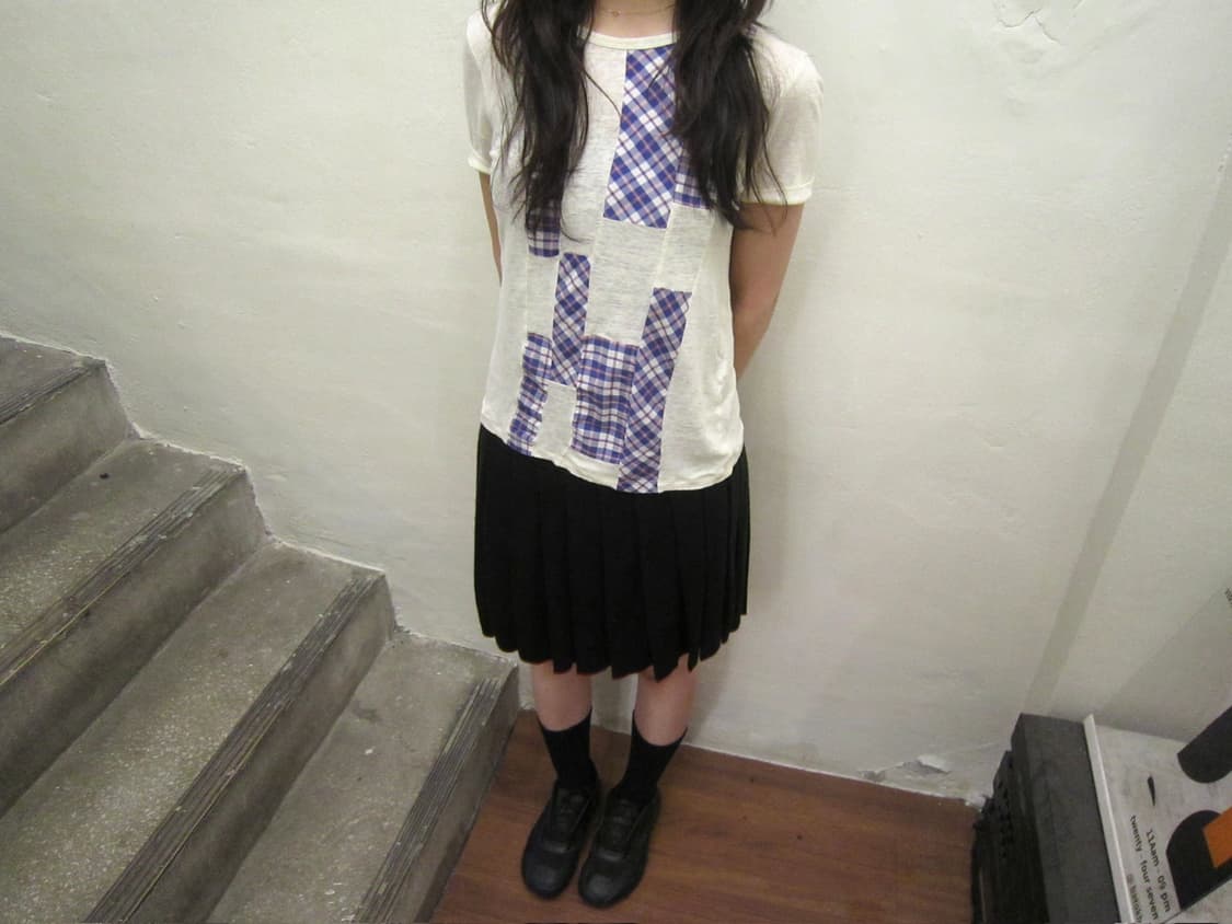 마크 바이 마크 제이콥스 반팔 티셔츠 퍼플 체크 패치워크 디테일 아이보리 상품이미지3