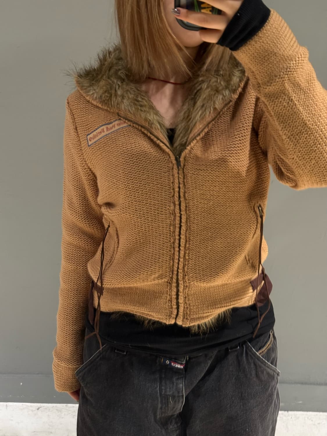 fur trimming point knit hood zip-up  상품이미지4