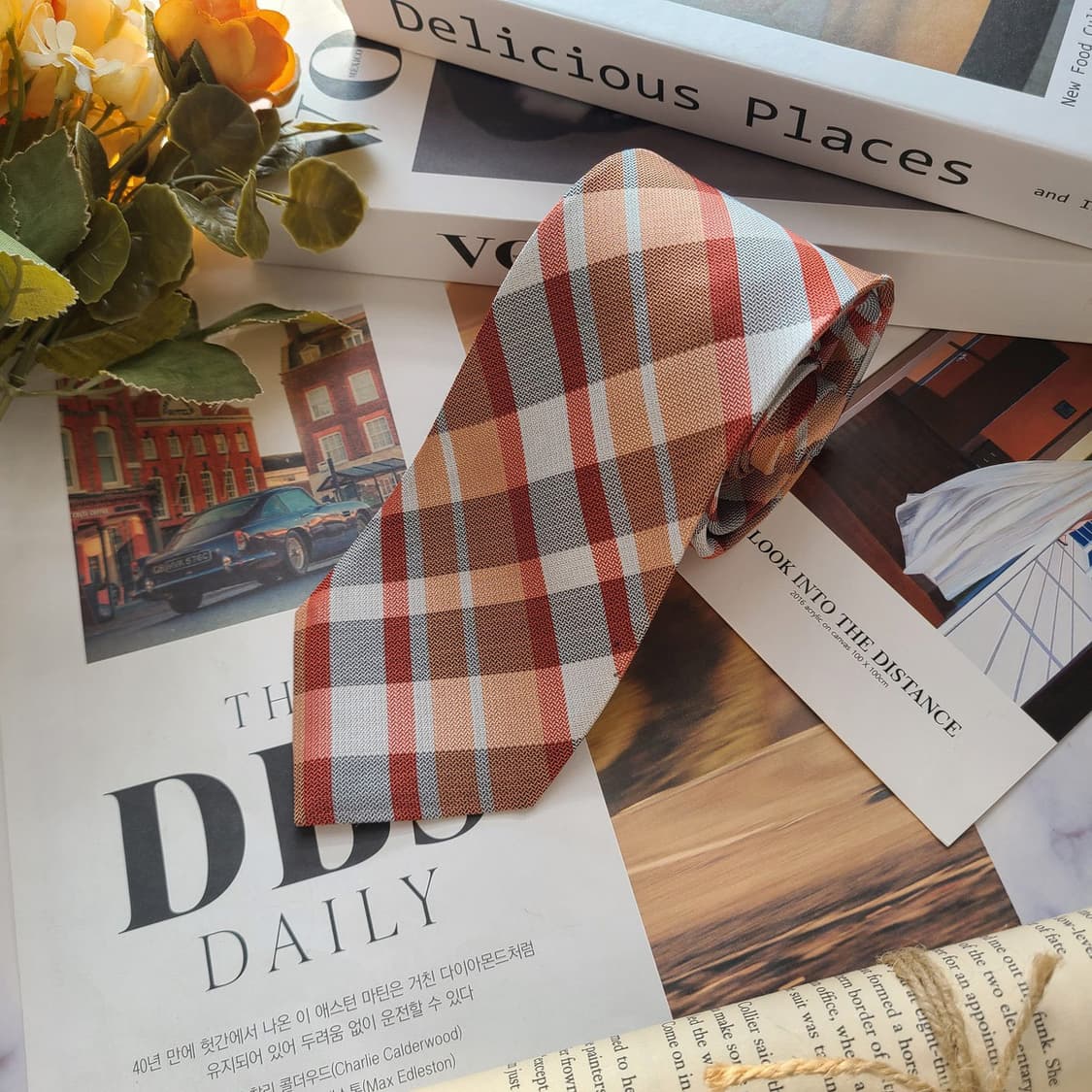 캘빈클라인 실크 오렌지 체크 패턴 넥타이 7.7cm A등급 E705 상품이미지4