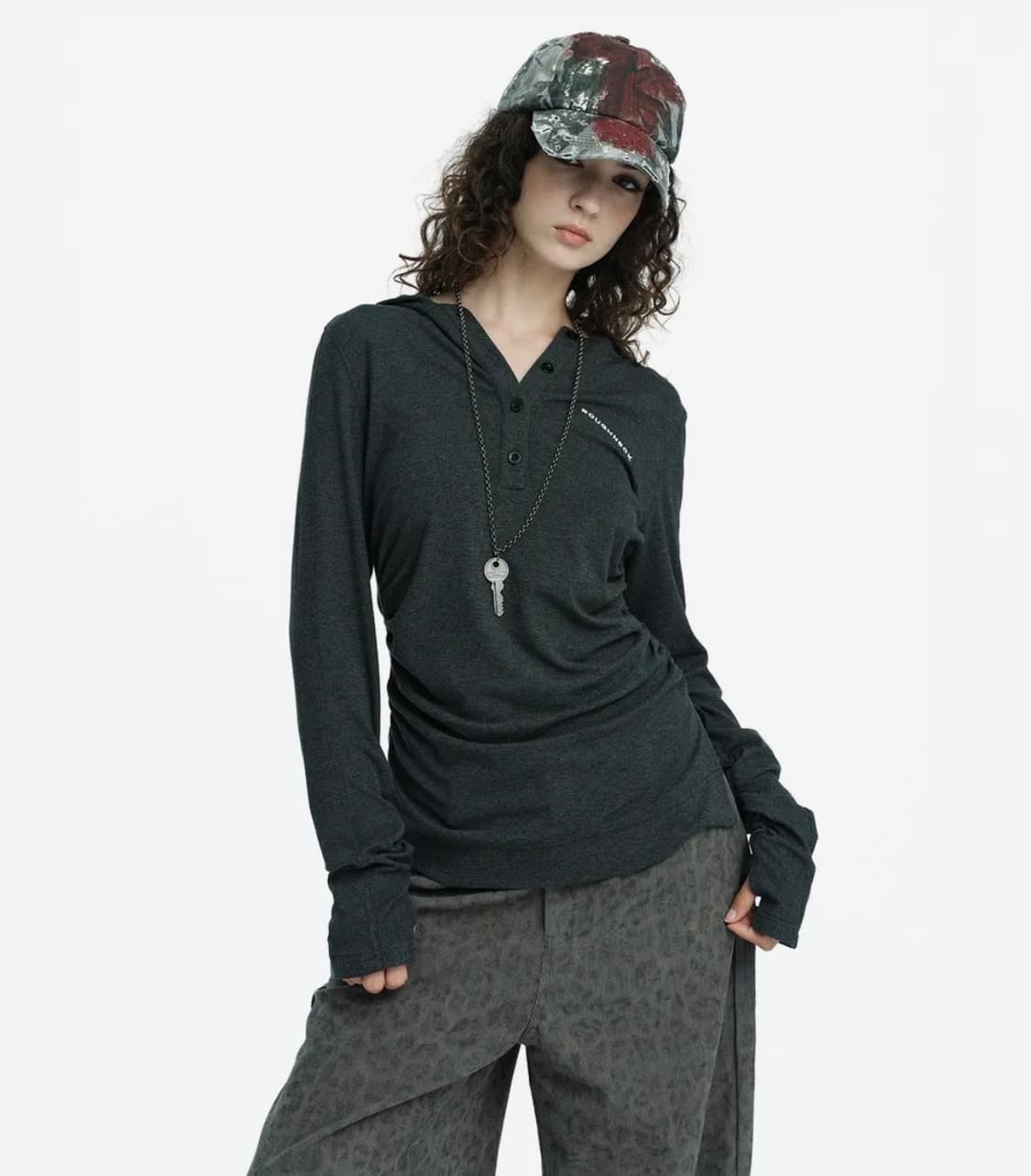 러프넥 후드 롱슬리브 그레이 M 상품이미지1