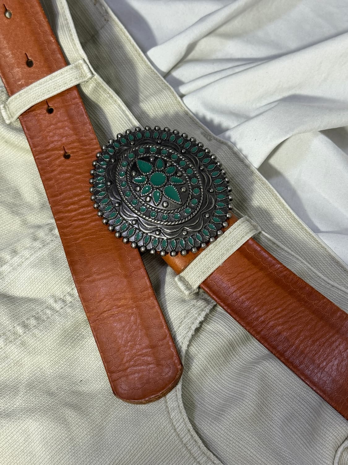 빈티지 에메랄드 스터드 웨스턴 버클 벨트 콘초 네이티브 아메리칸 상품이미지1