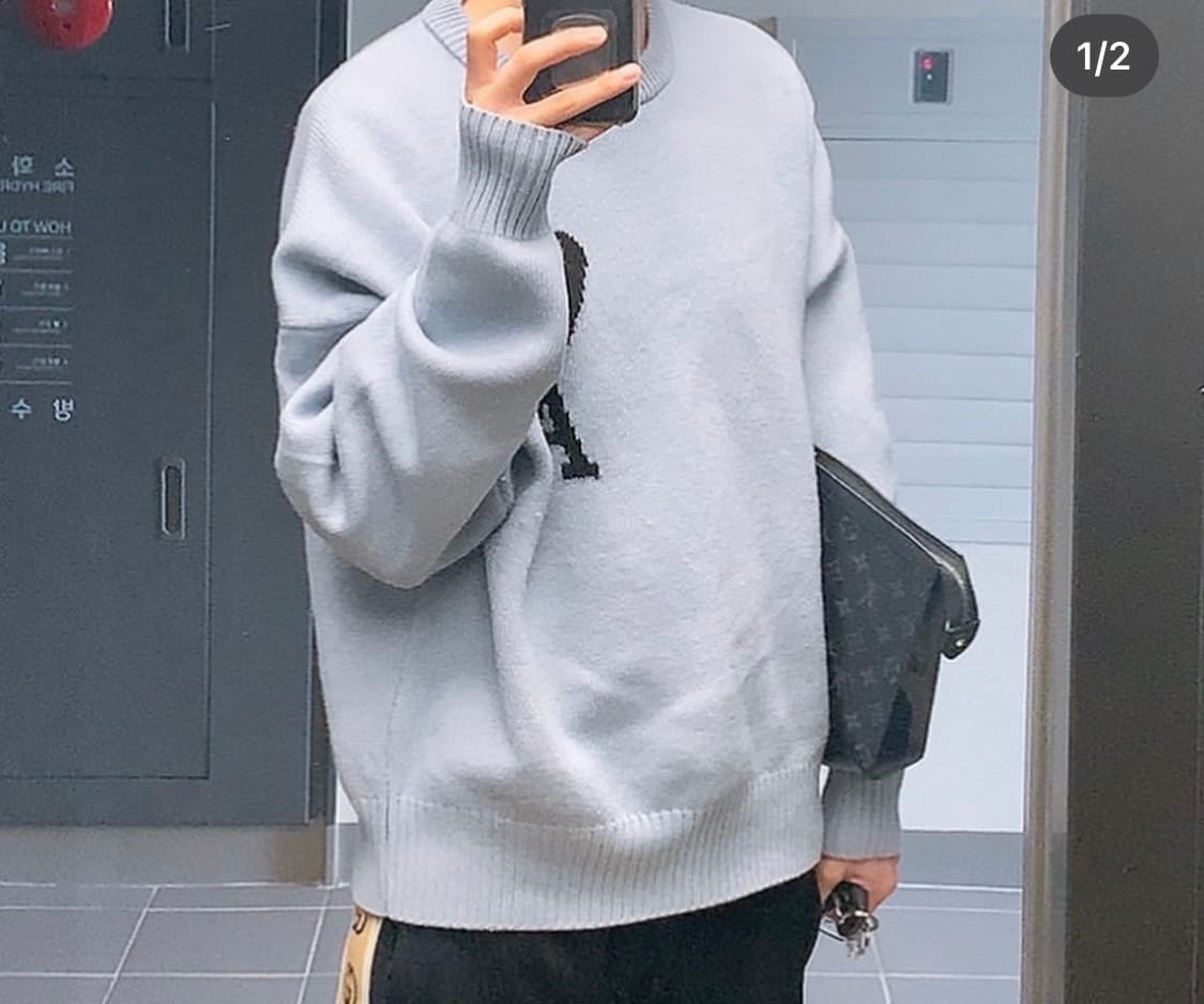 아미 빅하트 로고 니트 스틸블루 판매 상품이미지7