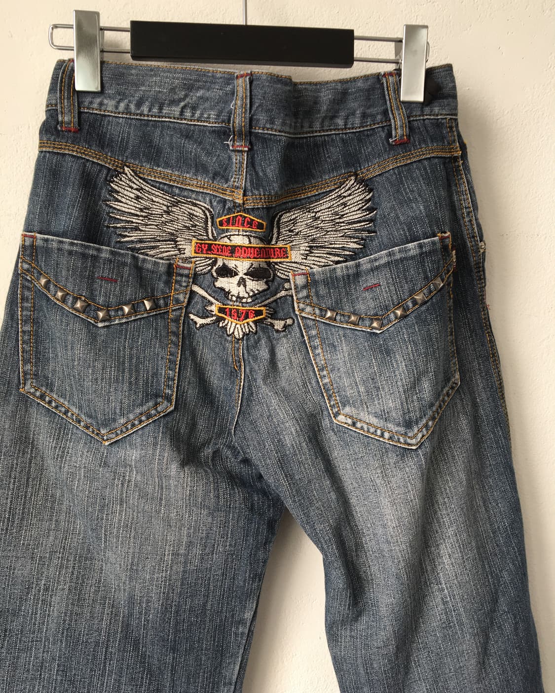 Back skull needle work denim half pants 상품이미지4