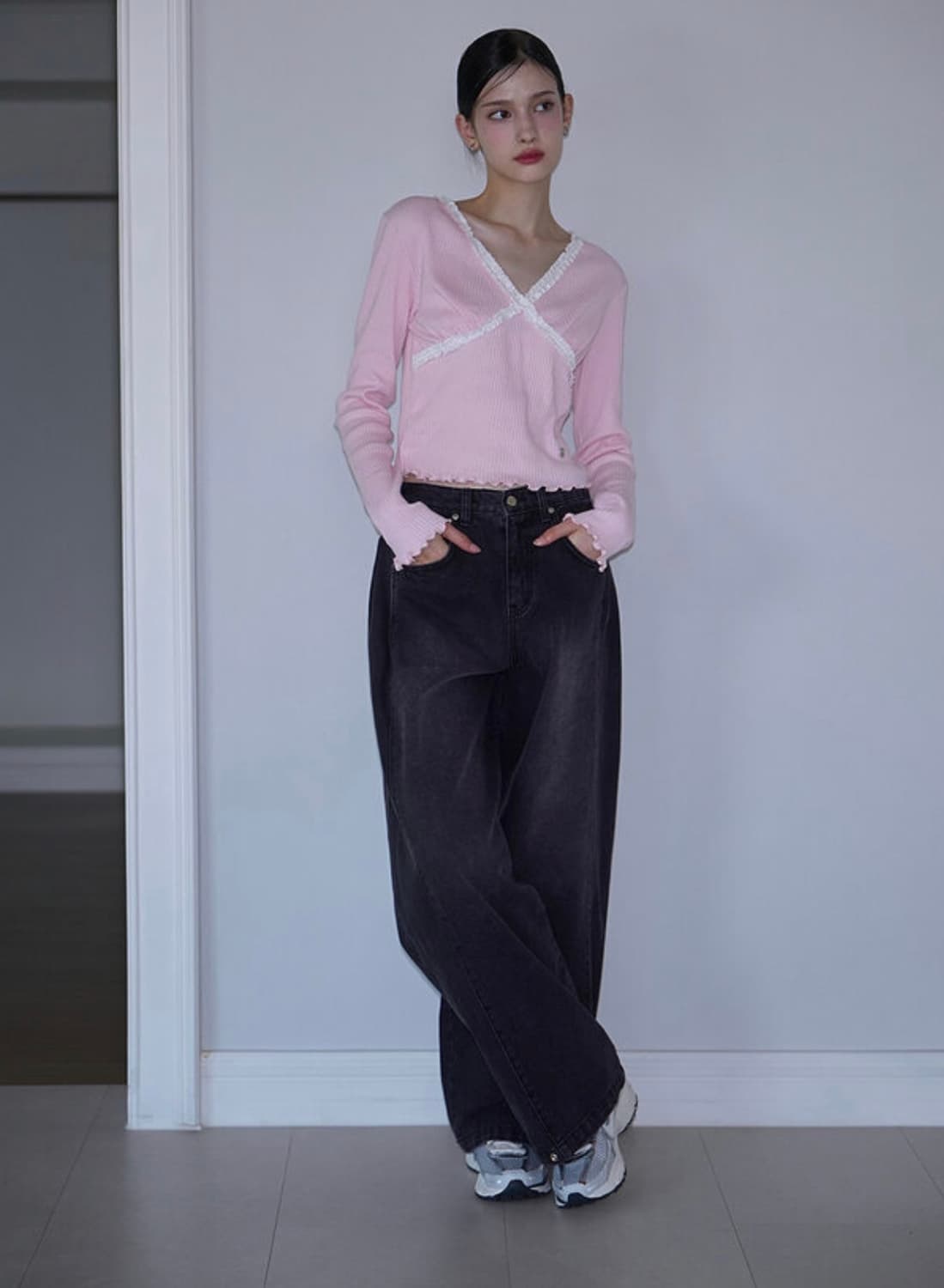 로제프란츠 사이드 턱 와이드 데님팬츠 바지 핑크블랙 M 상품이미지5