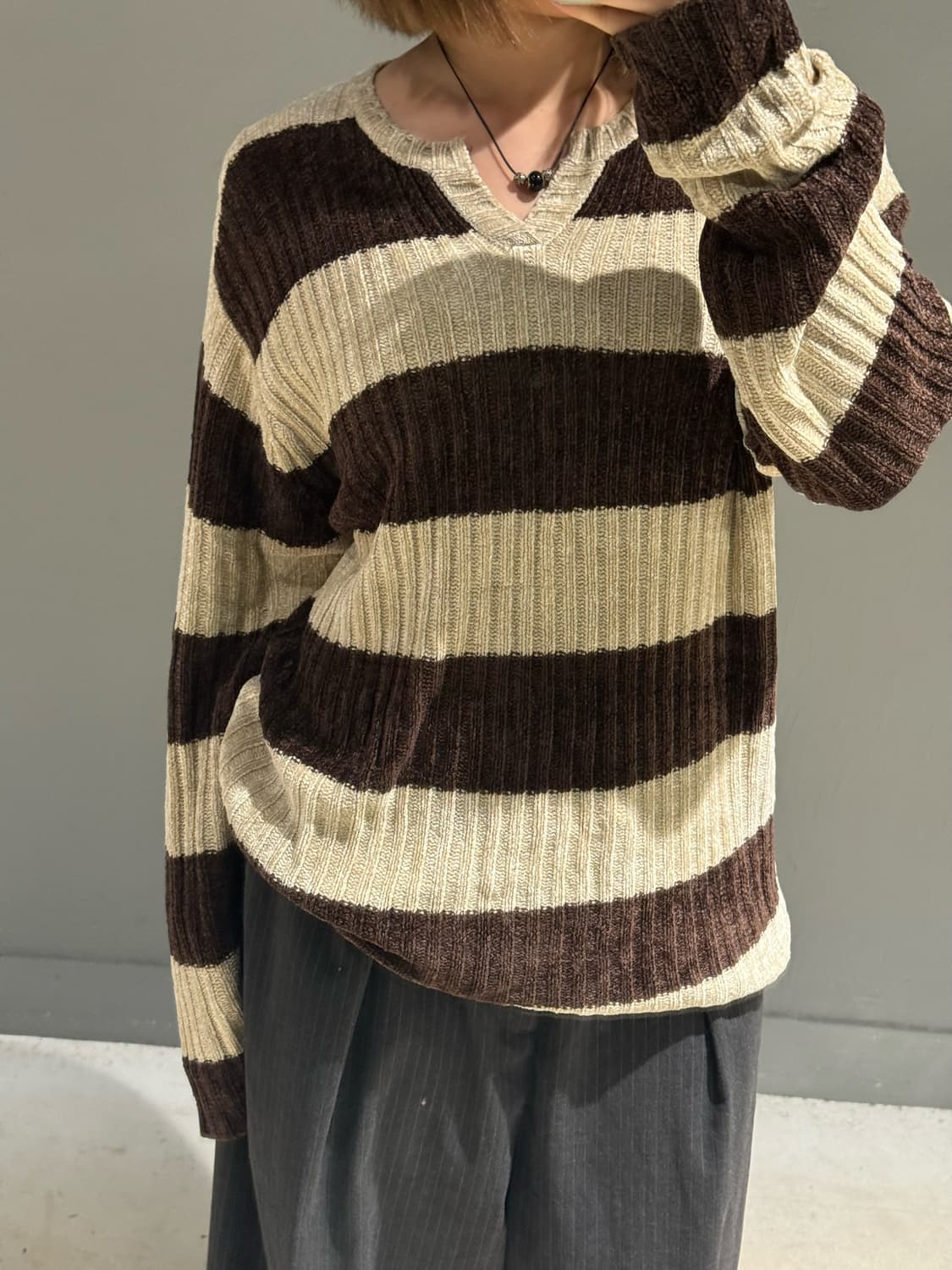 brown stripe pattern knit sleeve 상품이미지2