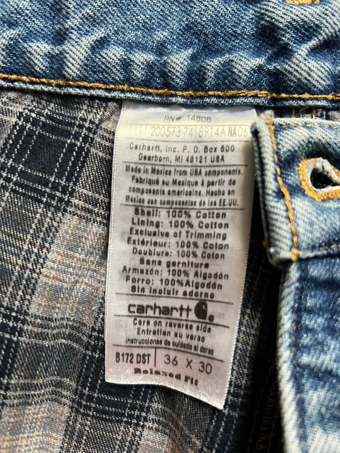 [36]칼하트 USA 체크 라이닝 빈티지 워싱 워크 데님 팬츠 상품이미지7