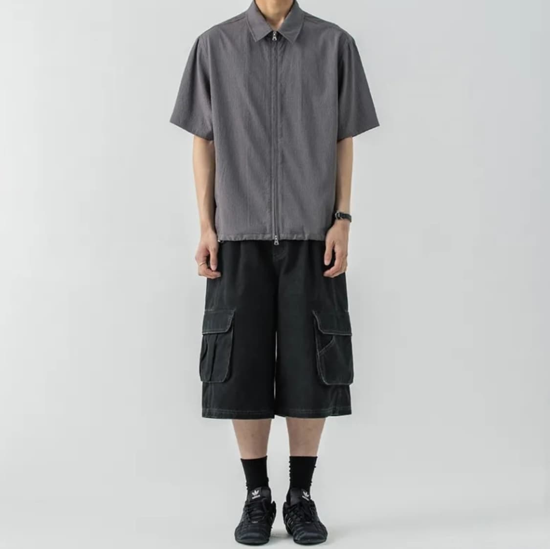 [M] 밀로아카이브 시어서커 집업 하프 셔츠 다크 그레이 상품이미지1