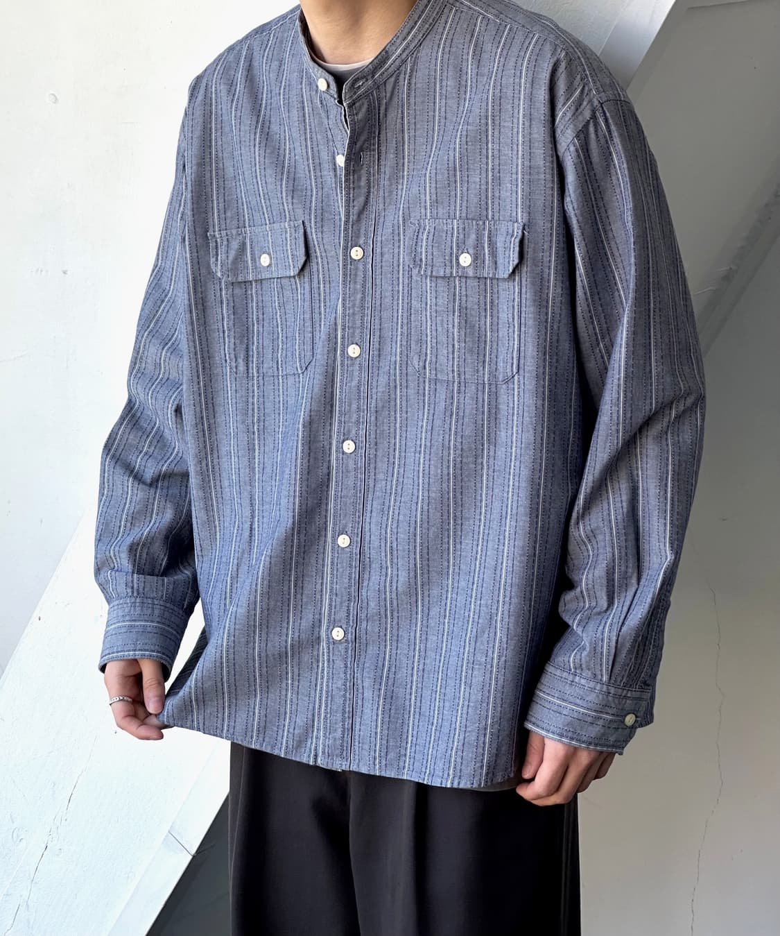 Jacquard stitch cotton stand collar shir 상품이미지8