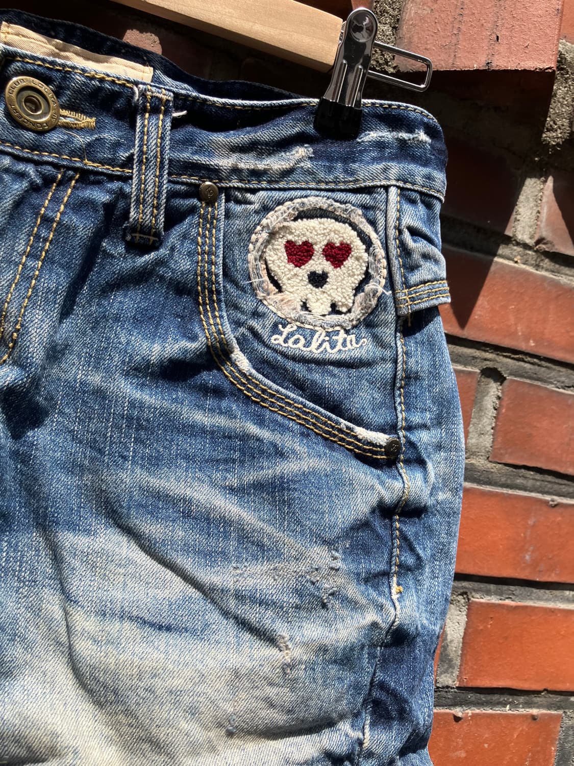 Lolita Jeans 해골 패치워크 디스트로이드 진 반바지 28 상품이미지4