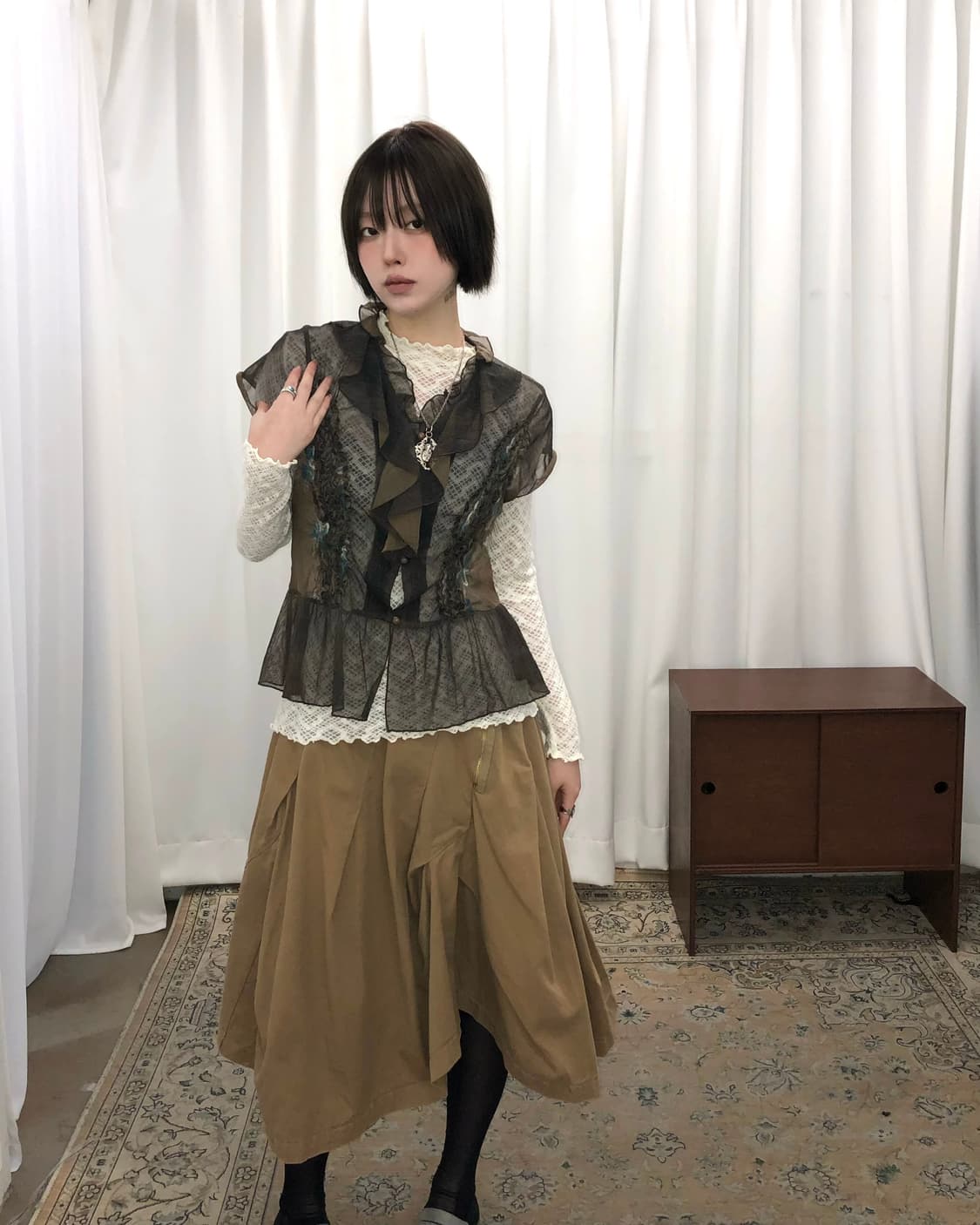 카키 시스루 레이스 반팔  상품이미지1