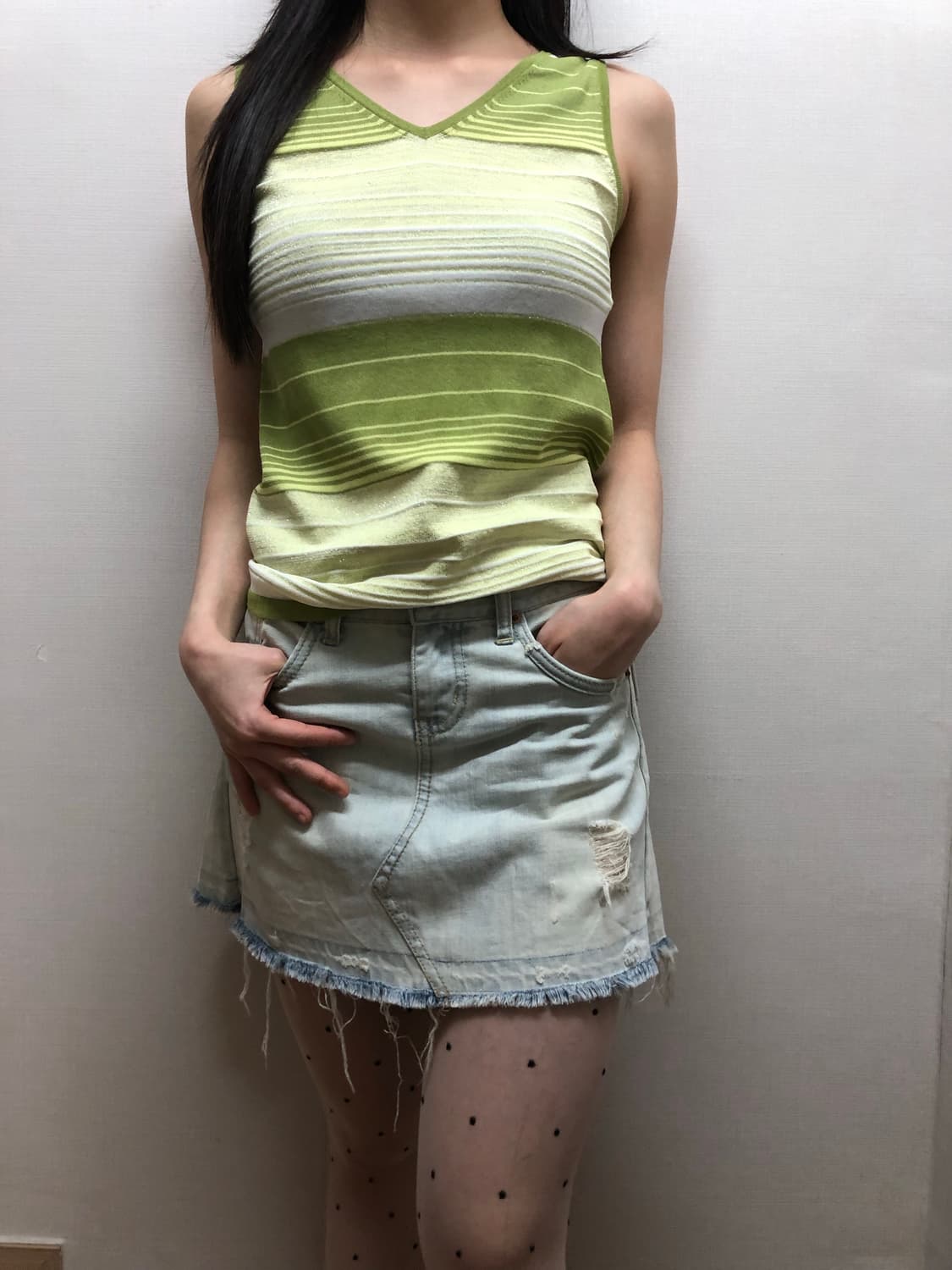 빈티지 그린 스트라이프 글리터 슬리브리스 상품이미지4