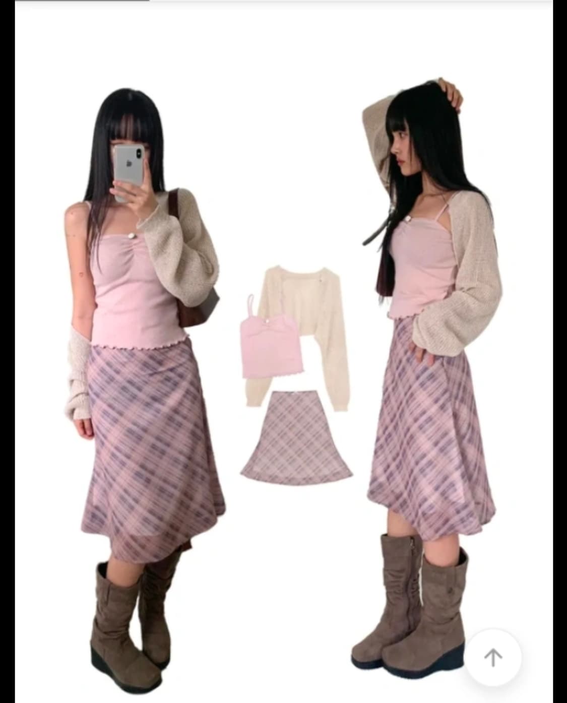 핑크 체크 미디 스커트 상품이미지1