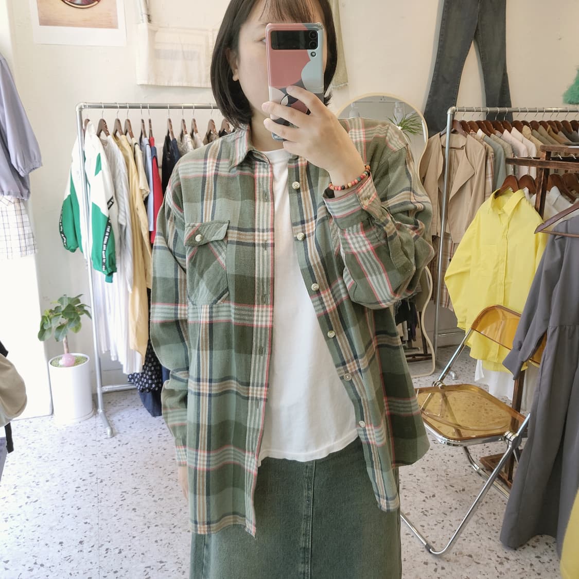 Y.O.M 그린체크 포켓 코튼셔츠 L 상품이미지8