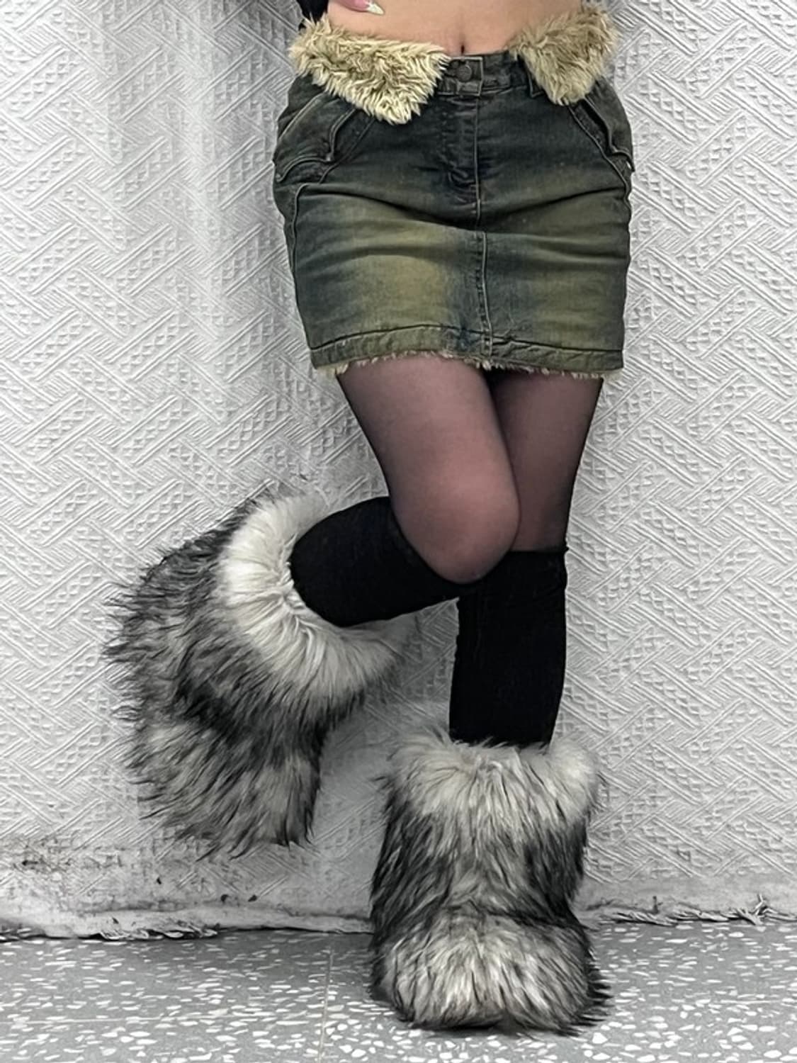 빈티지 Y2K 레트로 갸루 러블리힙 퍼 데님 미니스커트 M C08997 상품이미지1