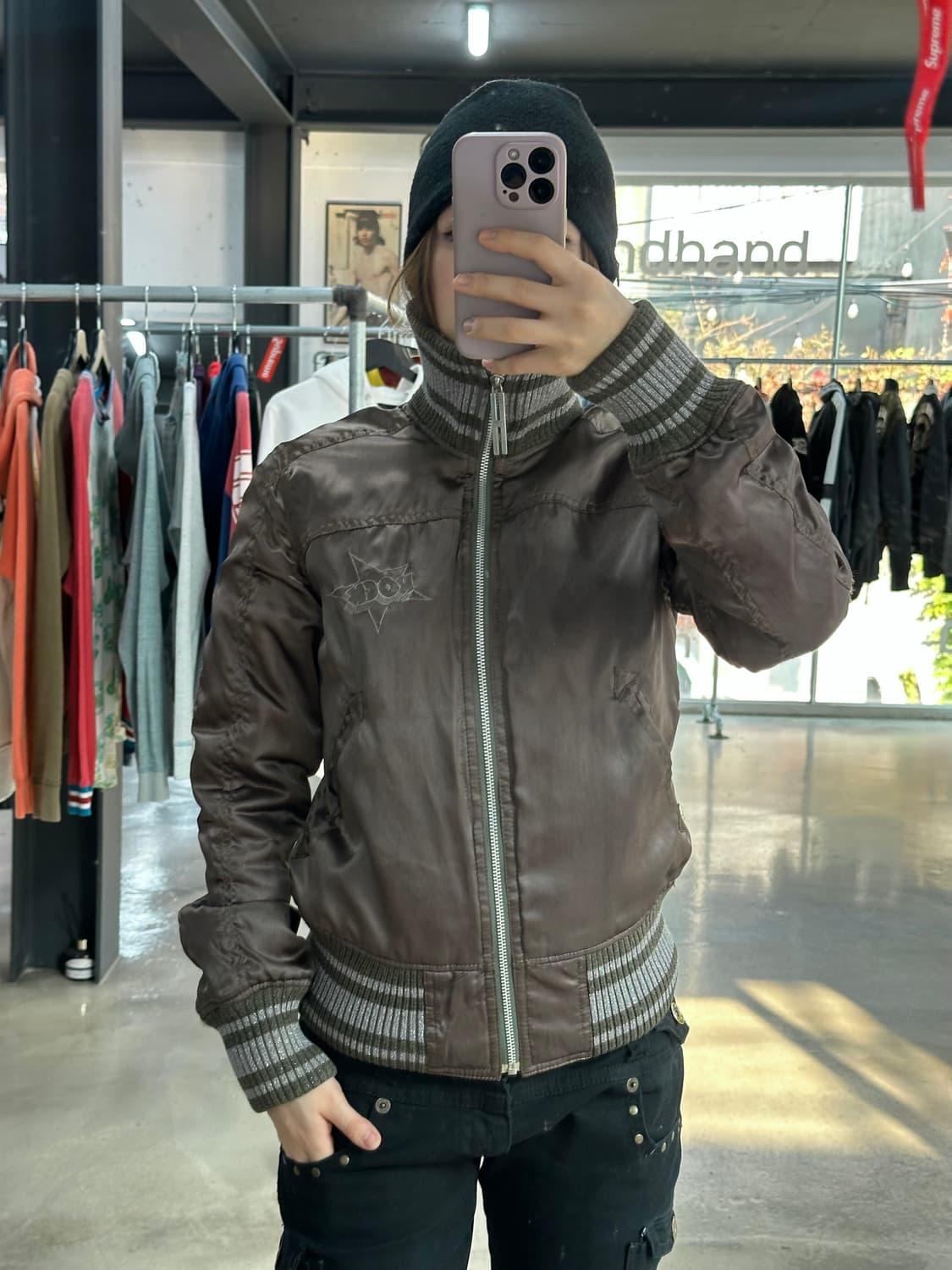 히스테릭글래머 히스걸Rock풀자수로고 하이넥 점퍼 카키 상품이미지5