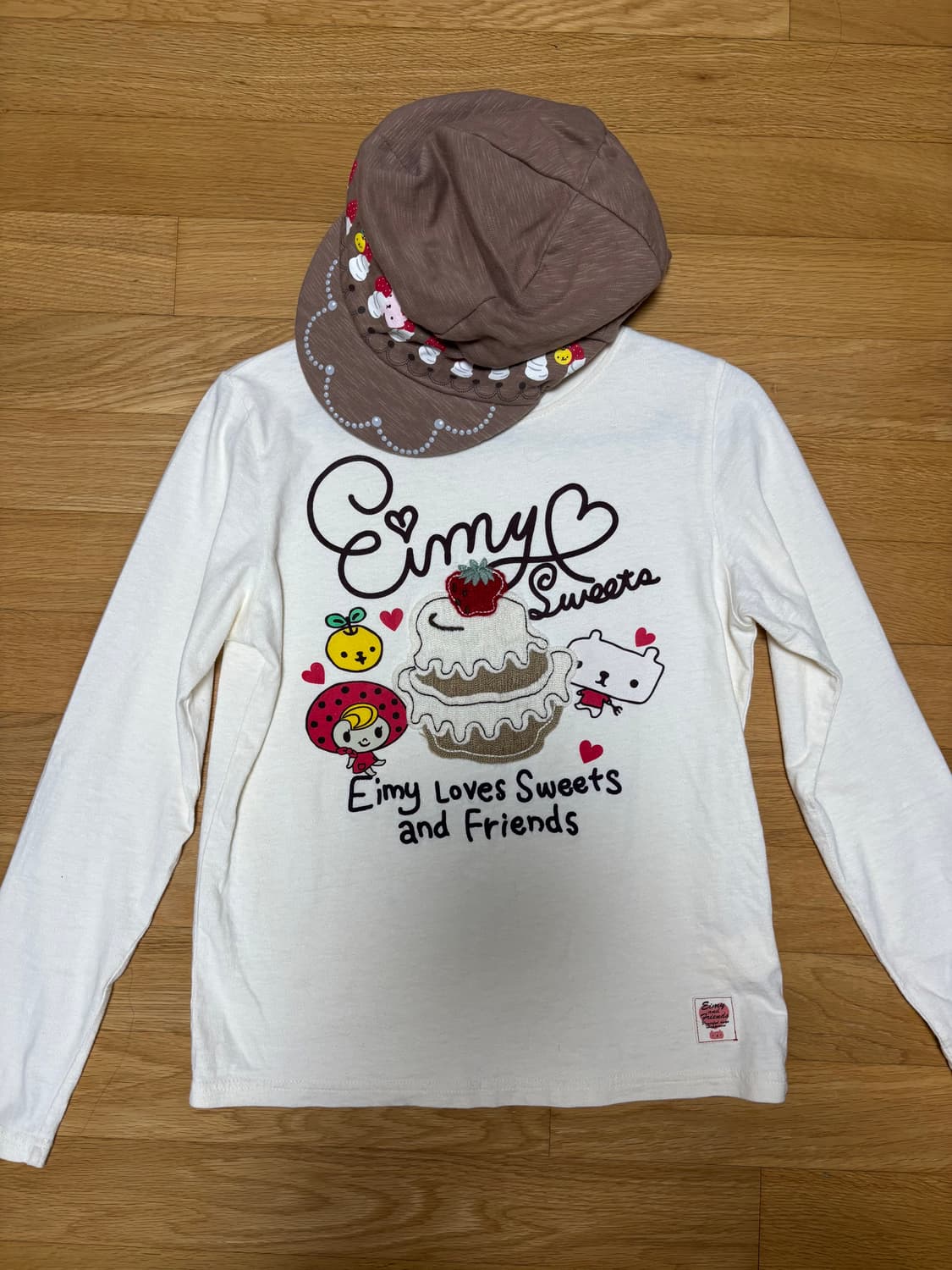 아이보리 귀여운 프린팅 긴팔 티셔츠 + 모자 상품이미지1