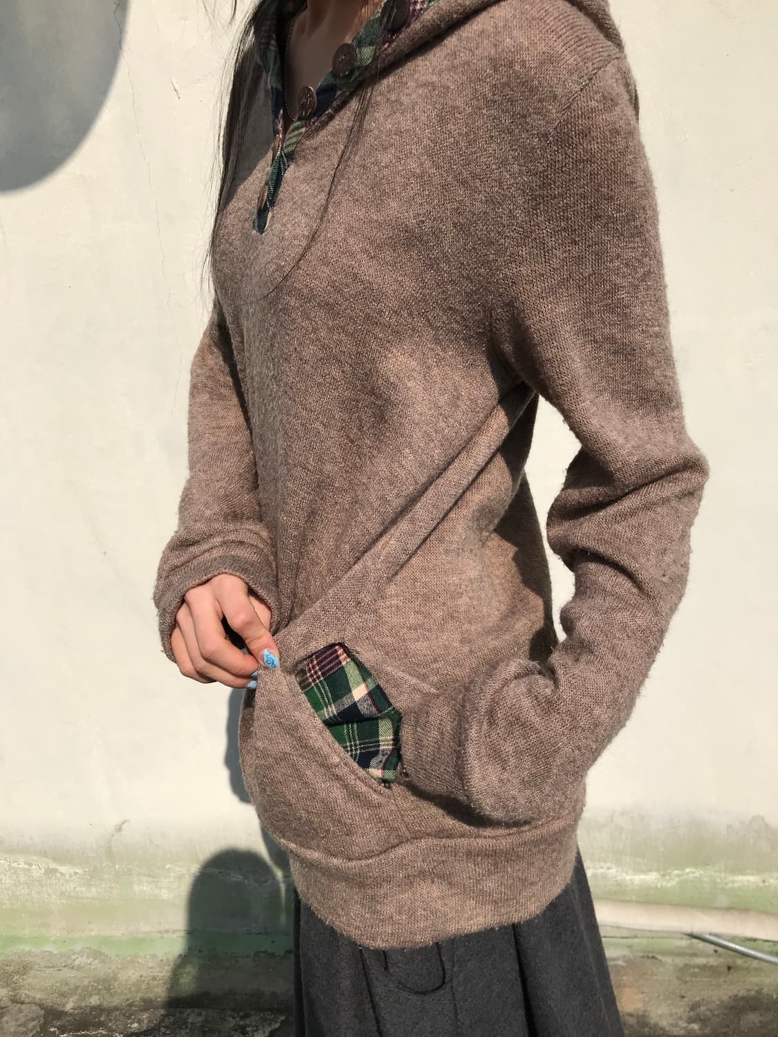 그린 체크 니트 후드 상품이미지3