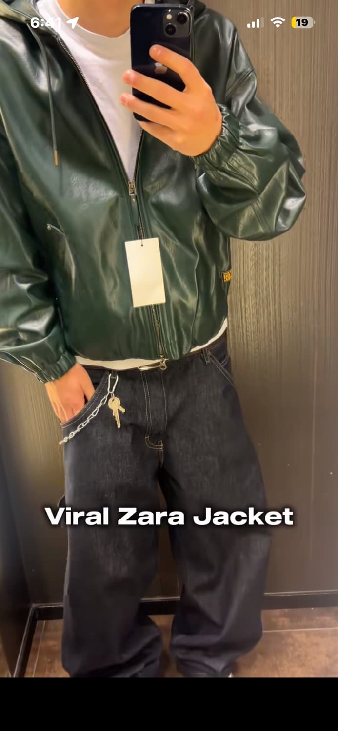 Zara 가죽 후드 자켓 다크크린 상품이미지4