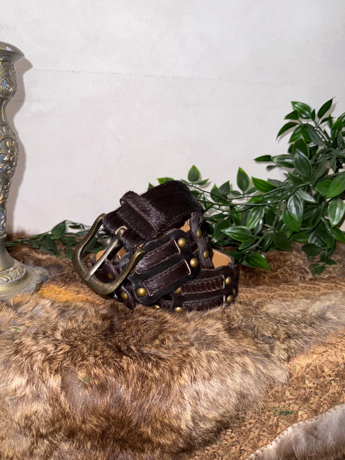 Dark brown calf fur stud buckle belt  상품이미지1