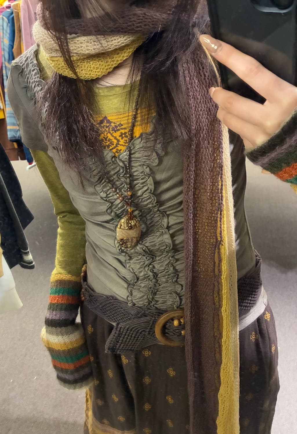 Japanese vintage 여성 배색 그물 머플러 상품이미지1