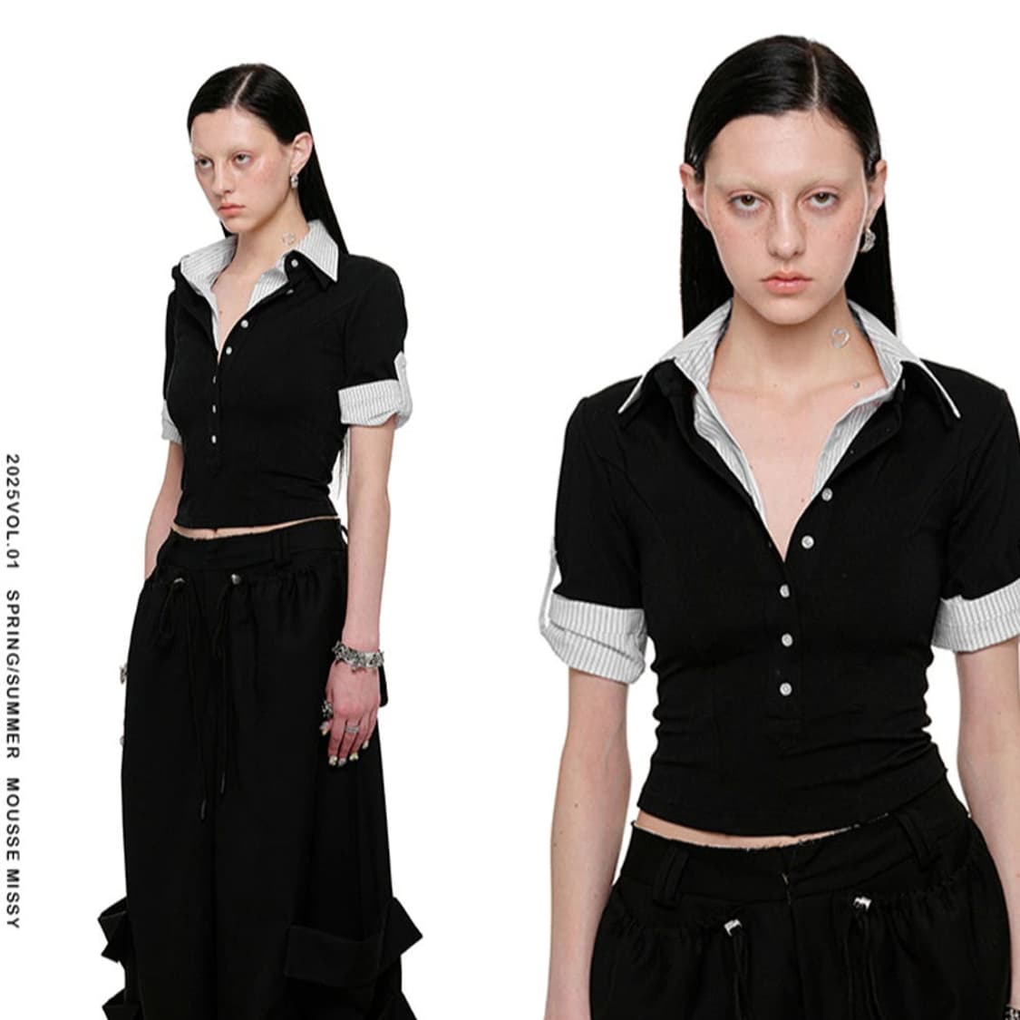 카리나 착용 원진스튜디오 카라넥 반팔 셔츠 레이어드 슬림 크롭티 블랙 상품이미지2