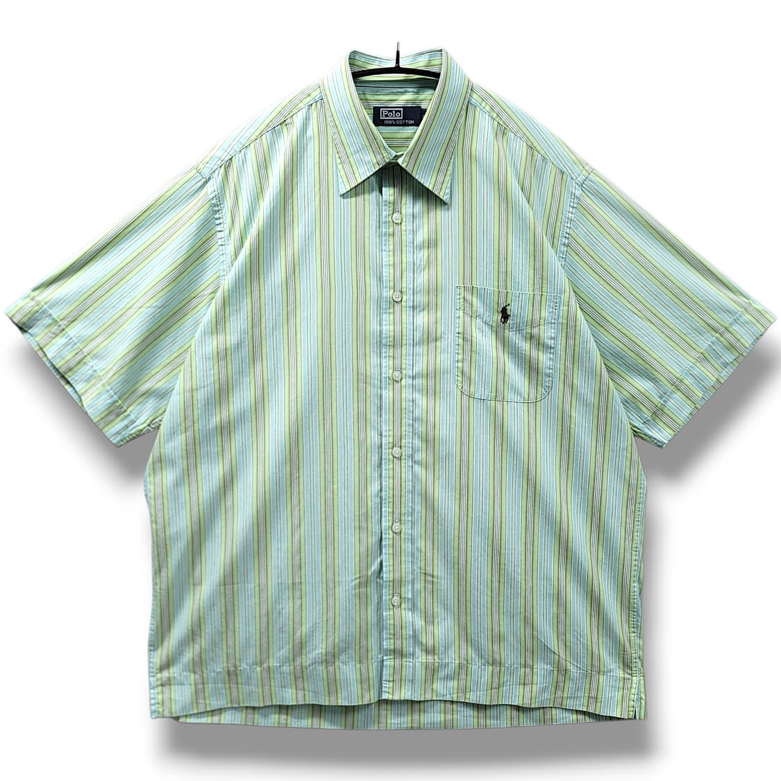 [2XL] 폴로 그린 스트라이프 오버핏 반팔 코튼셔츠 상품이미지1