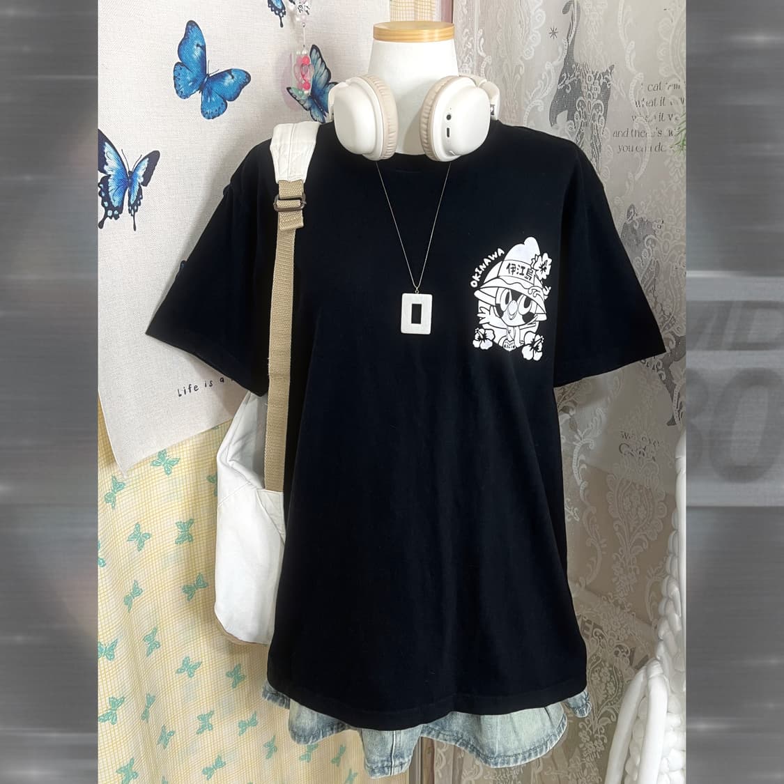 블랙 오키나와 백 프린팅 반팔 티셔츠 상품이미지4