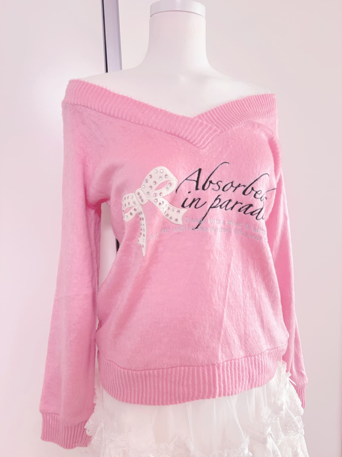 히메갸루 리즈리사 시허니 일브 백리본 오프숄더니트  상품이미지2