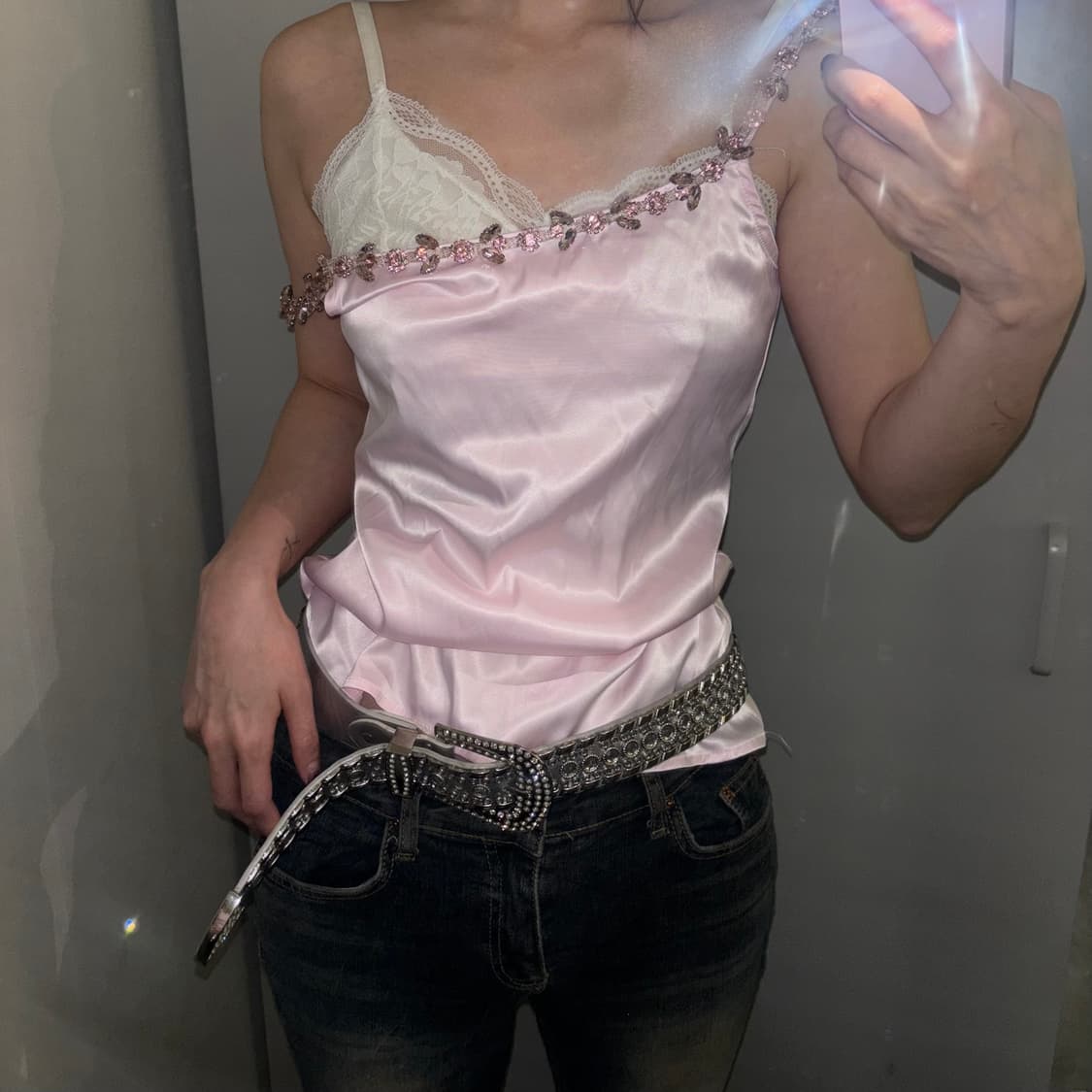 빈티지 핑크 실크 큐빅 슬리브리스  상품이미지2