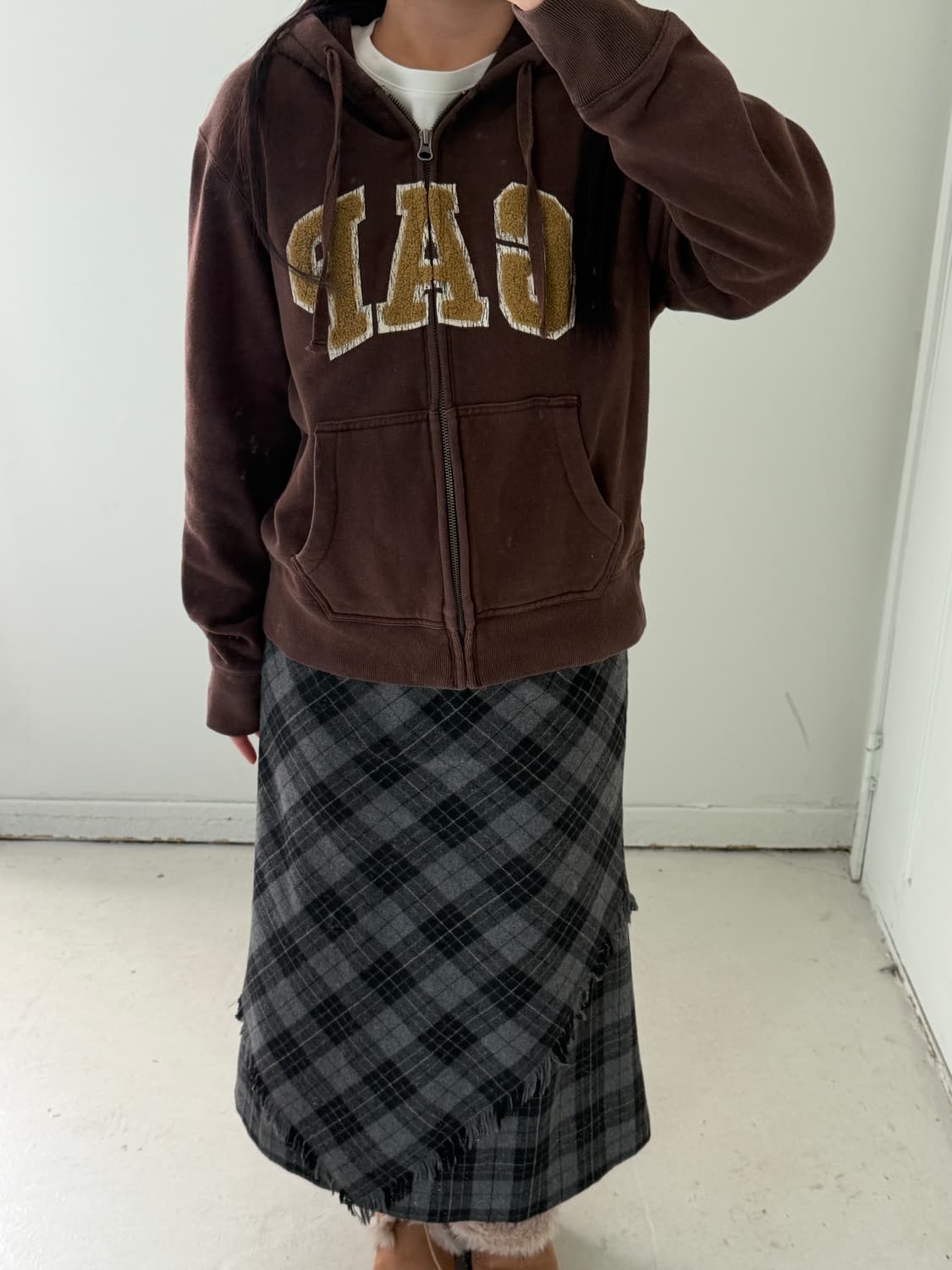 일본빈티지 울 타탄체크 프린지 롱스커트 상품이미지5