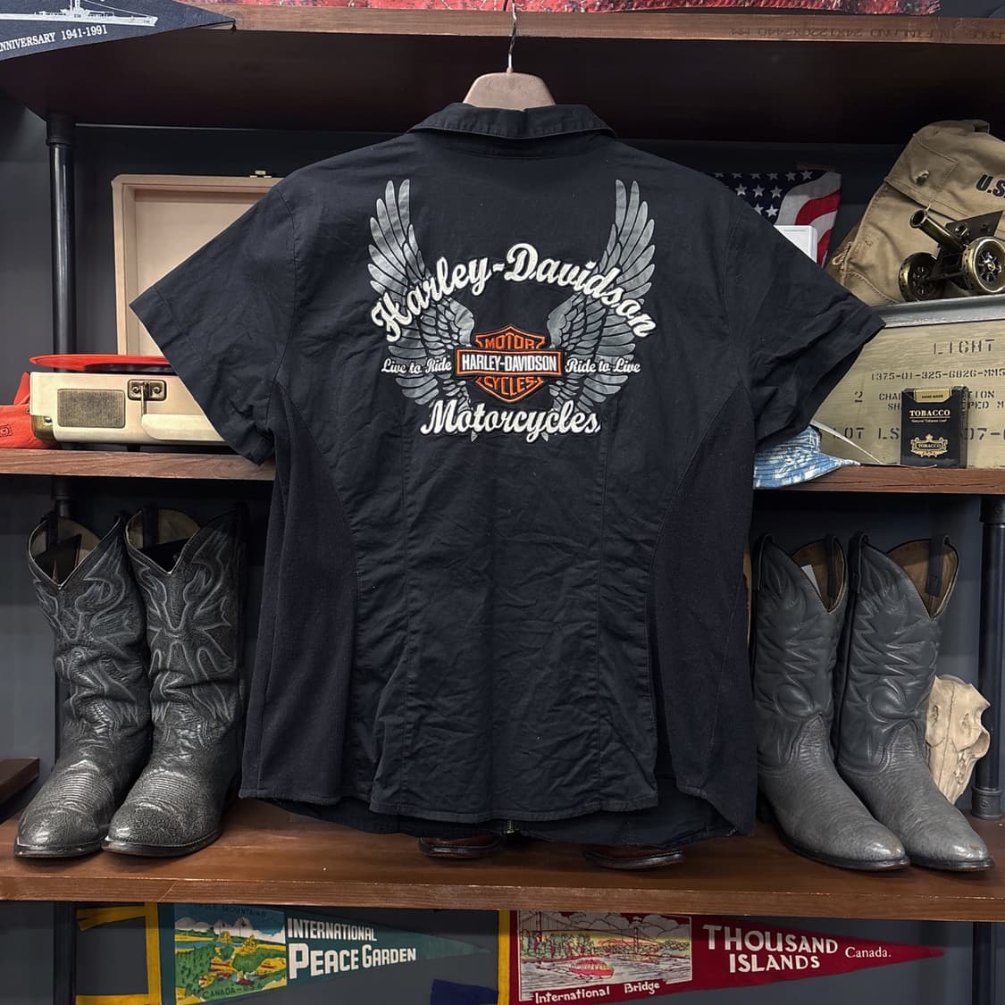 할리데이비슨 Y2K 스판라이닝 윙로고 패치 오픈카라 집업셔츠 N1069 상품이미지2