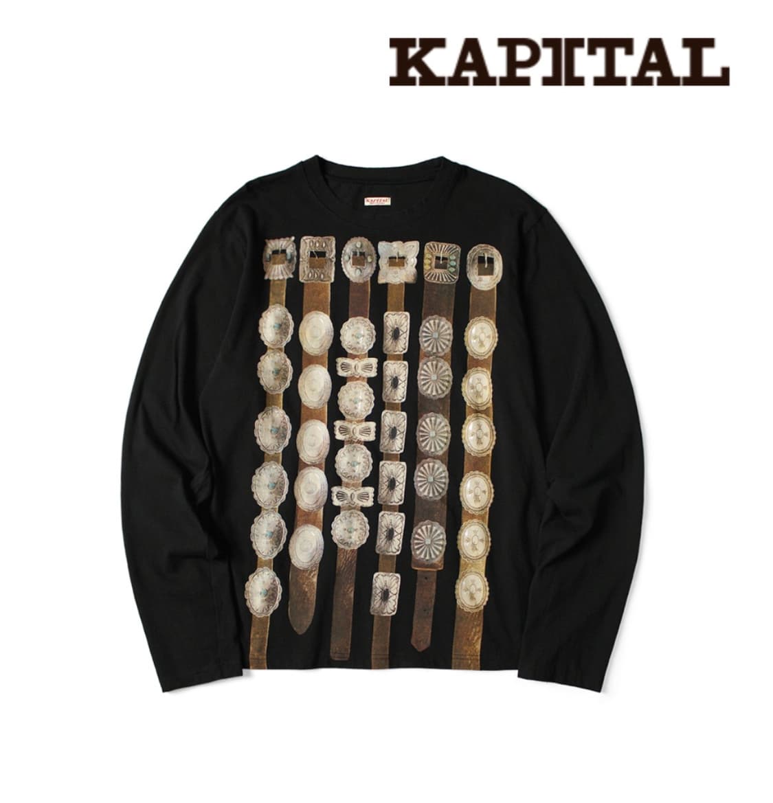 캐피탈(KAPITAL) 20수 크루넥 긴팔 티셔츠 커튼 콘초 벨트 프린트 상품이미지1