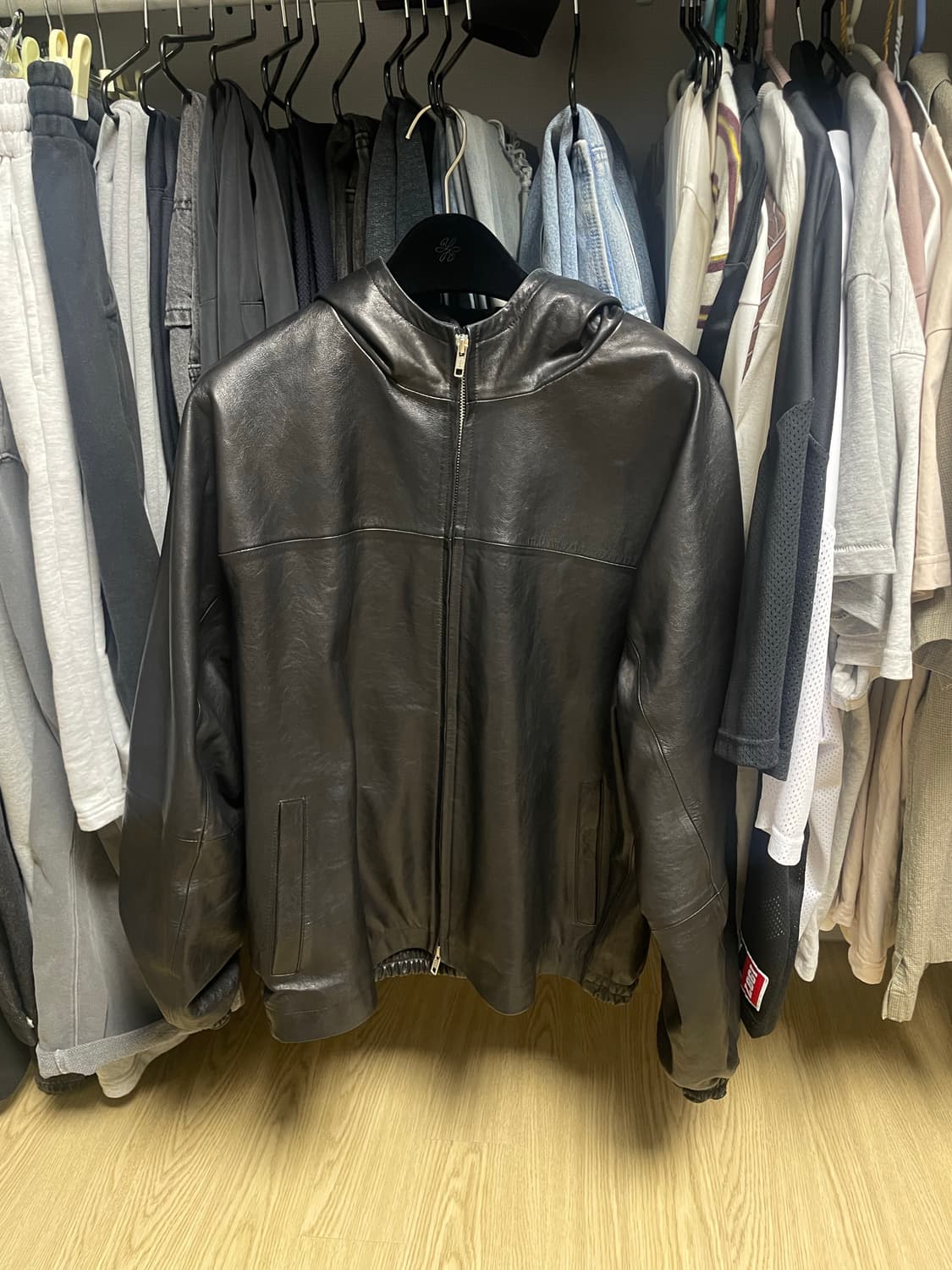 [M]유스 후디드 레더 점퍼 상품이미지3