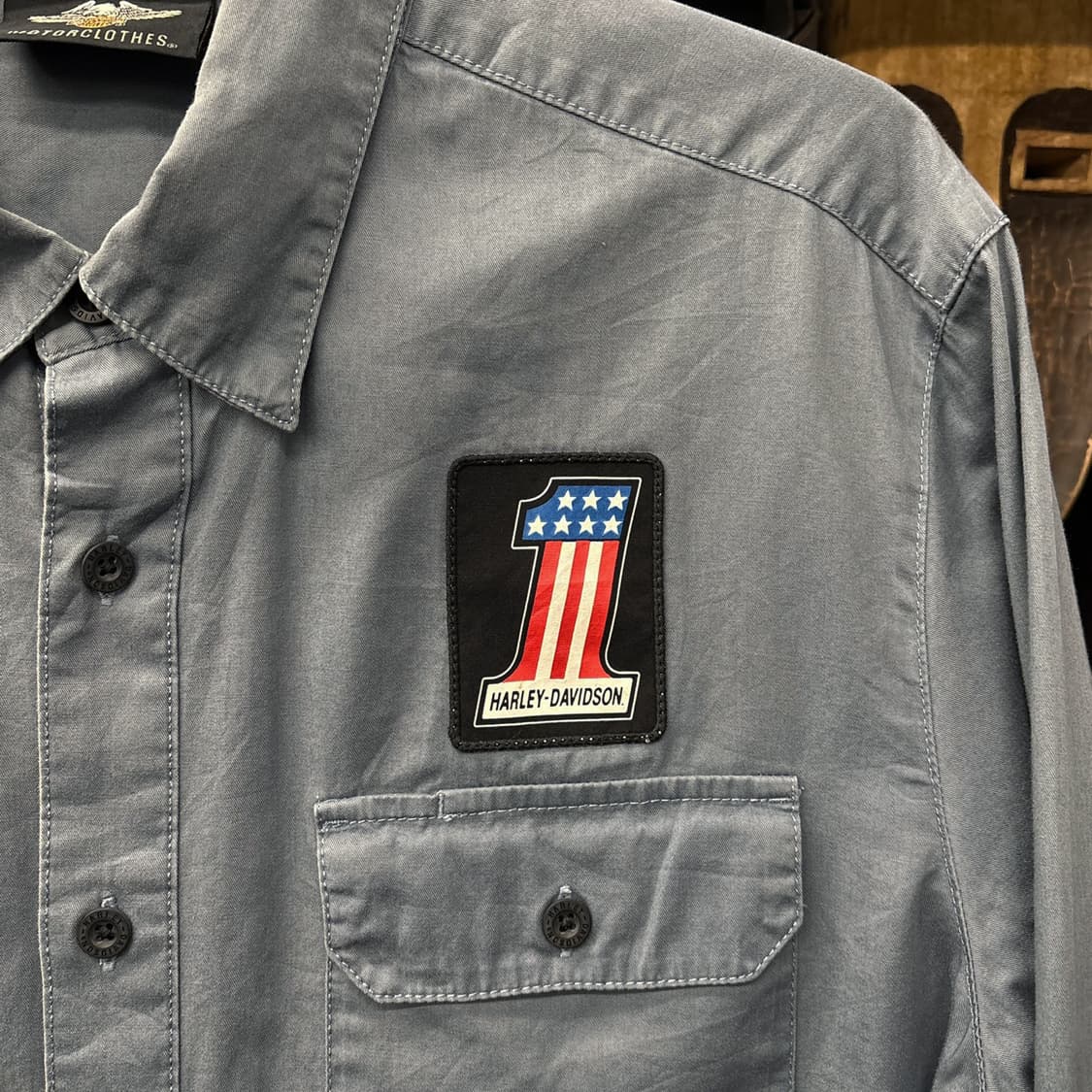 00s 할리데이비슨 모터사이클 레터링 원패치 코튼 워크셔츠 N198 상품이미지5