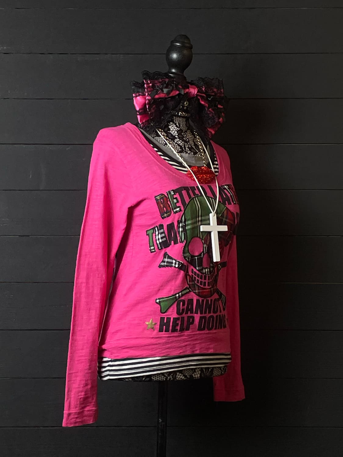 JPN 갸루 펑크 스컬 해골 스트라이프 줄무늬 핑크 롱슬리브 상품이미지2