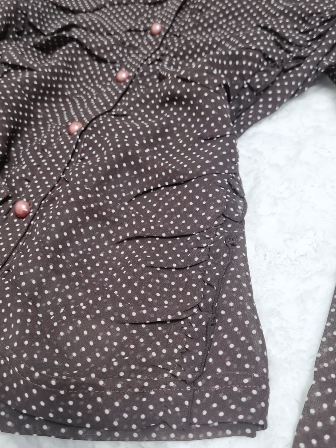 일본 빈티지 도트 블라우스 브라운 셔츠 긴팔 상품이미지6