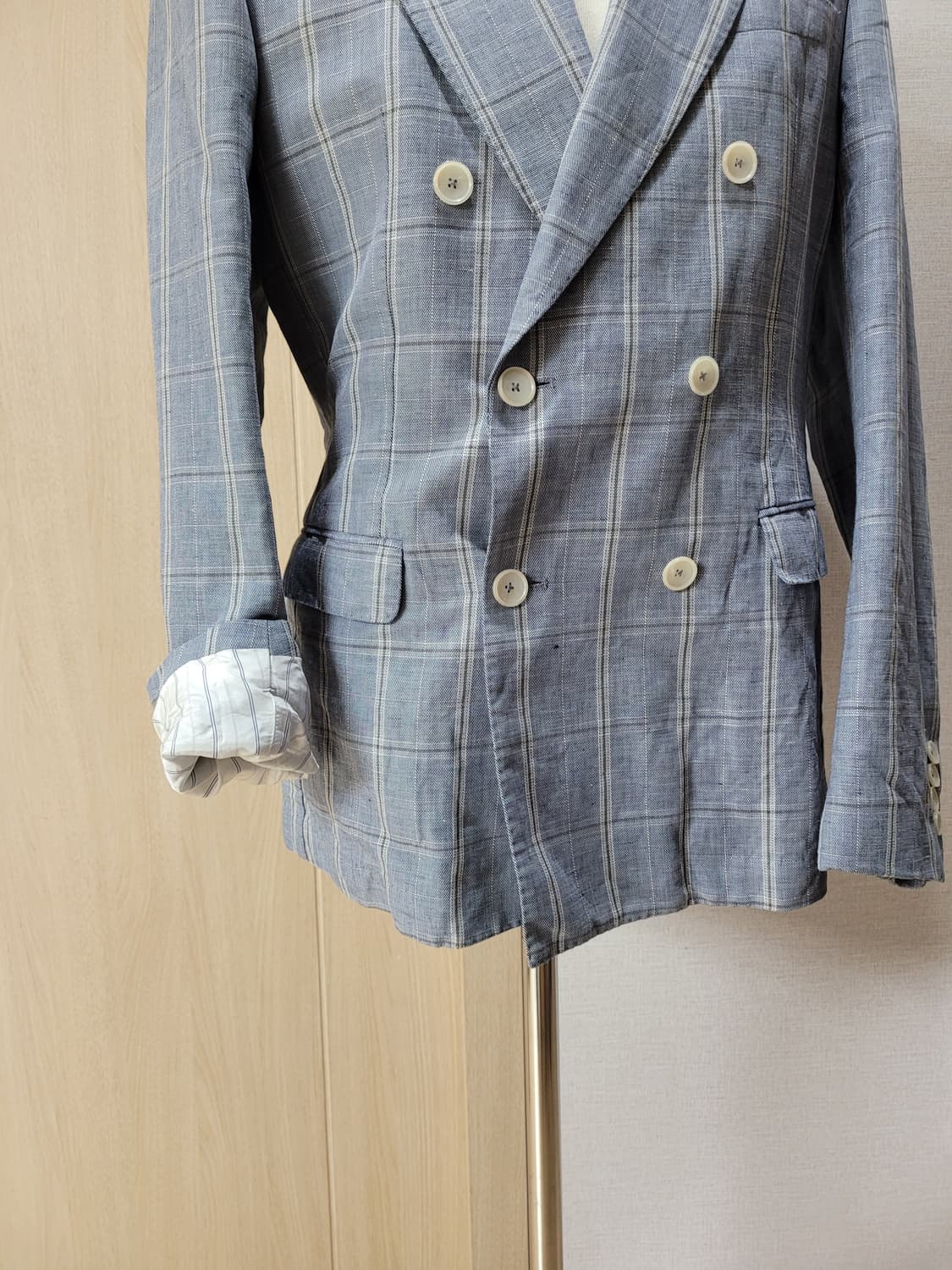 자라맨 ZARAMAN 린넨 체크 더블자켓 100 스카이블루 상품이미지4