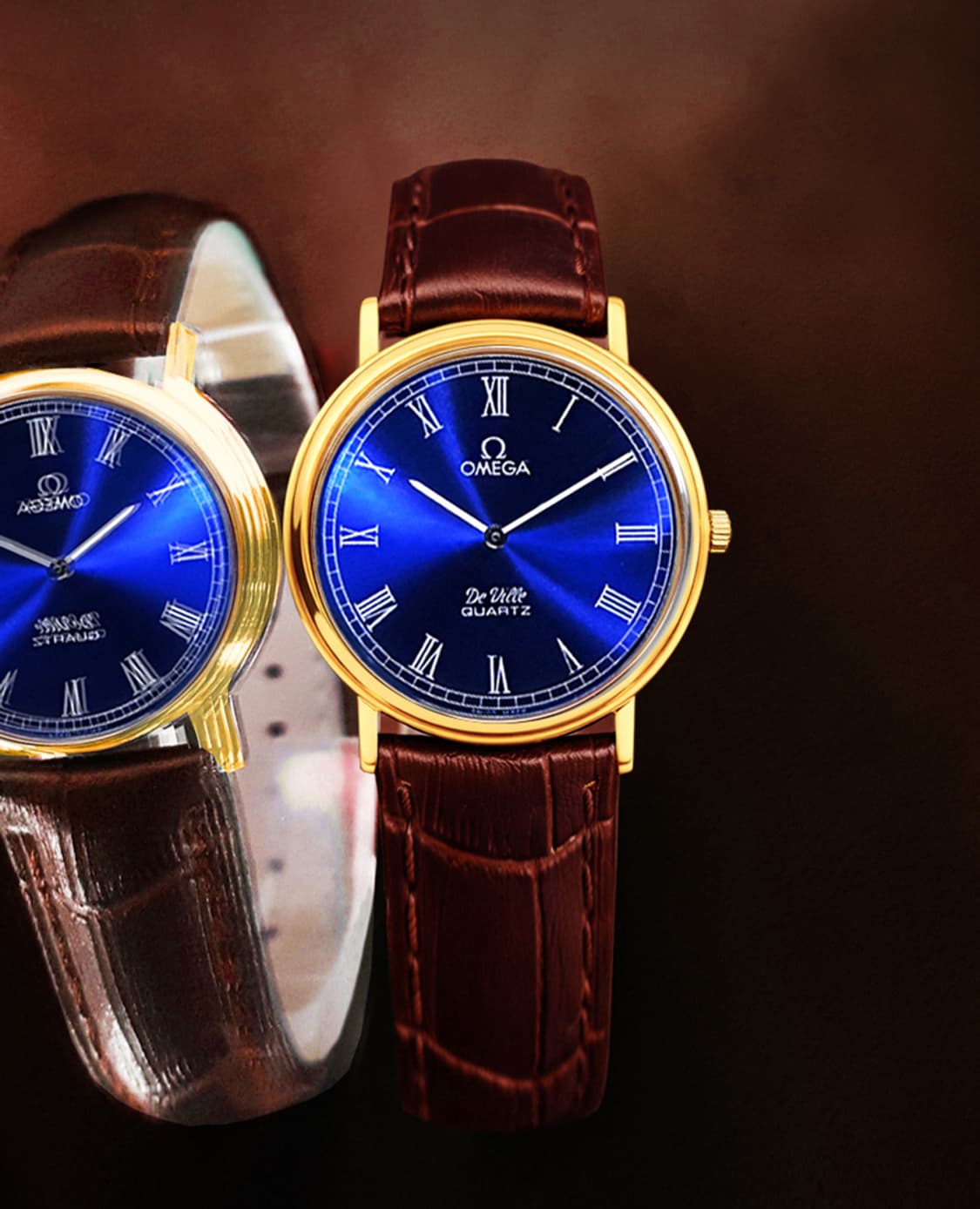 오메가 블루 로만 다이얼 18K 금 도금 남녀공용 쿼츠 시계 상품이미지3