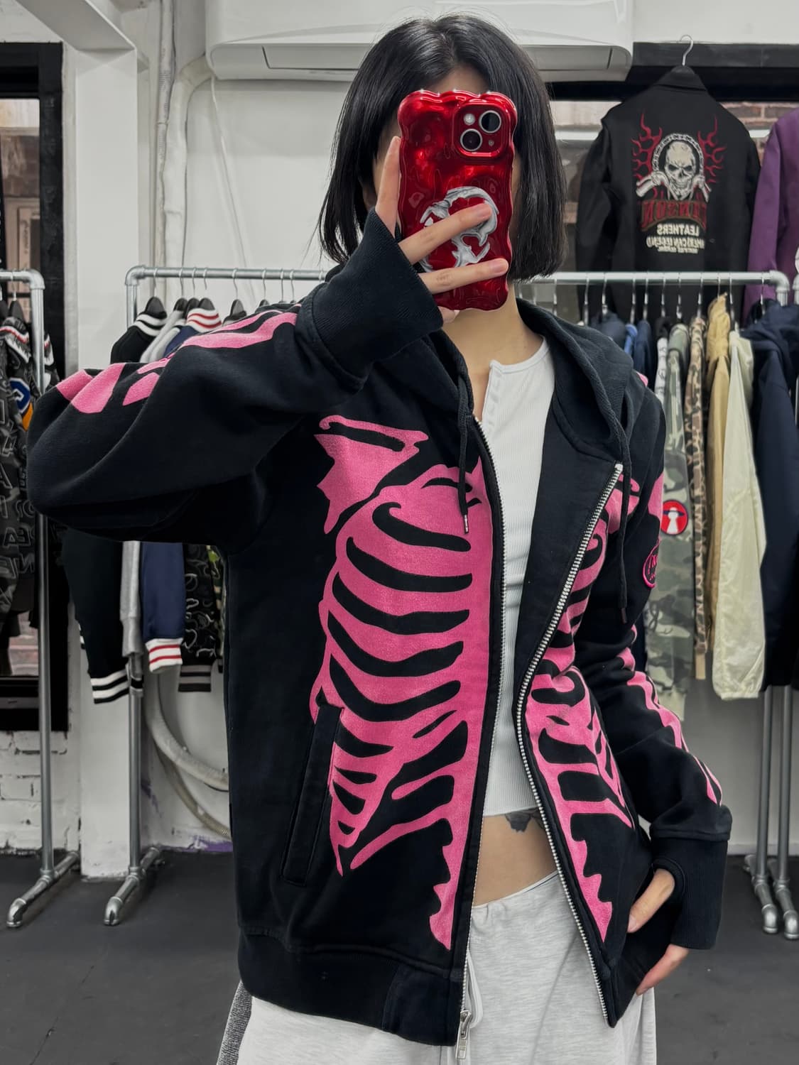 밴슨 레더 핑크 본 후드집업 상품이미지3