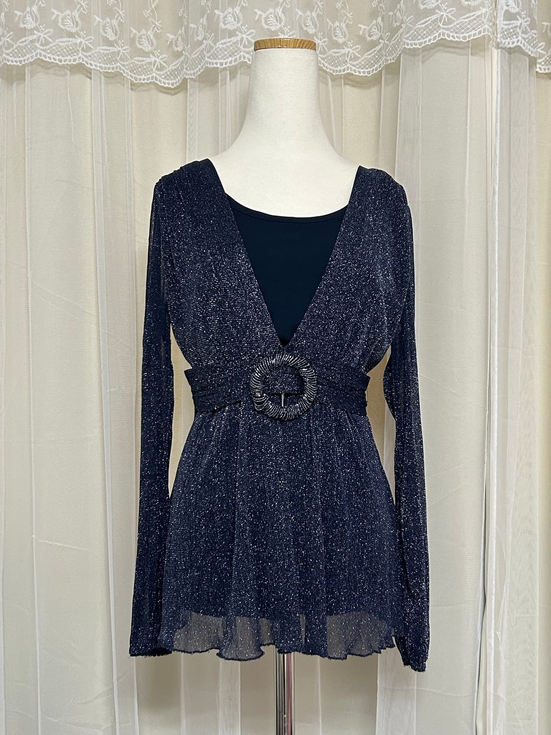 빈티지 시스루 글리터 쉬폰 오네갸루 탑 상품이미지2